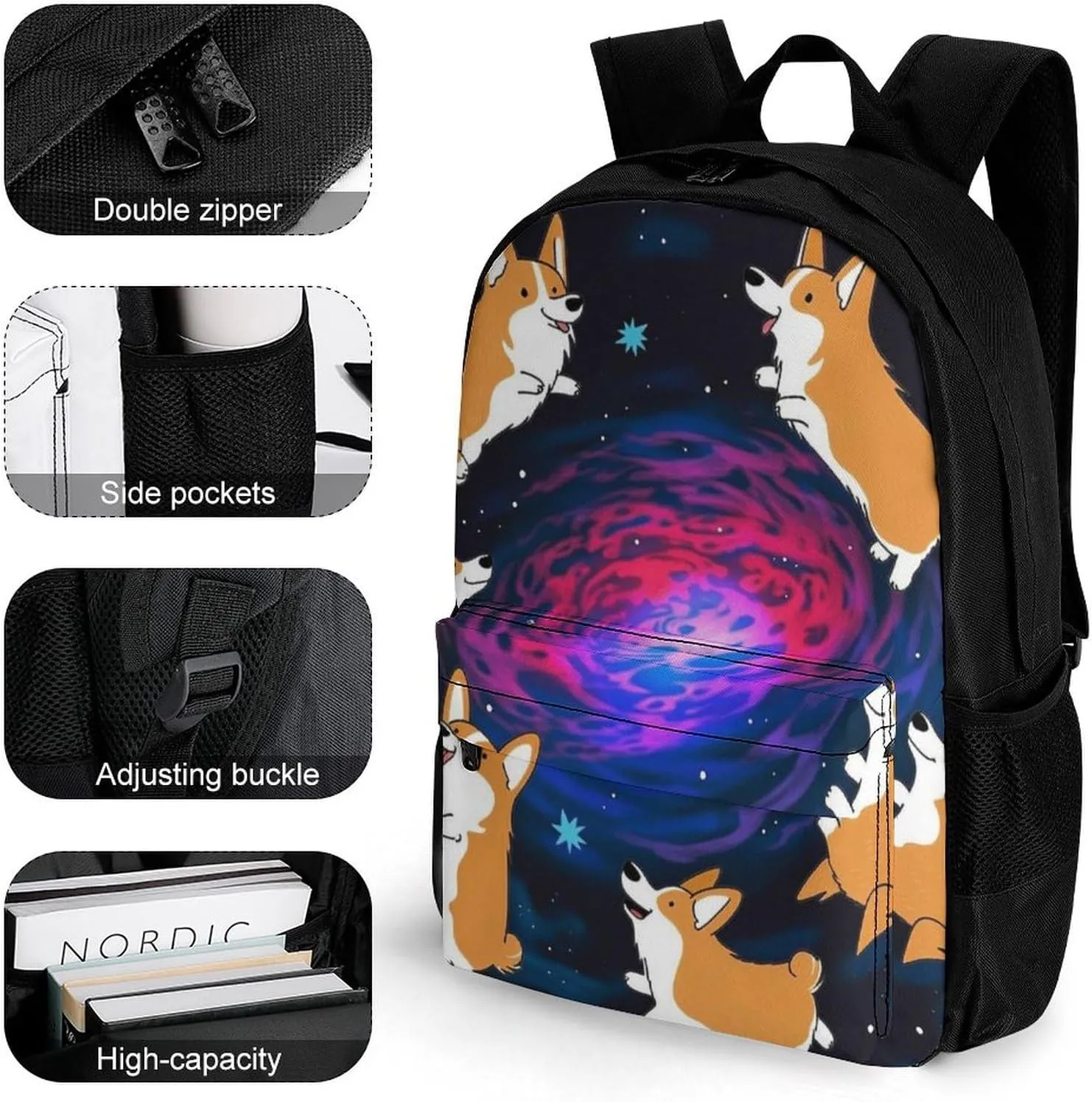 Lightweight Backpack for Gym Travel Bicycle - Big Capacity Multipurpose Anti-Theft Carry On Bag, Galaxy Space Cute Corgi Running Art Travel Hiking Bag & Day Pack