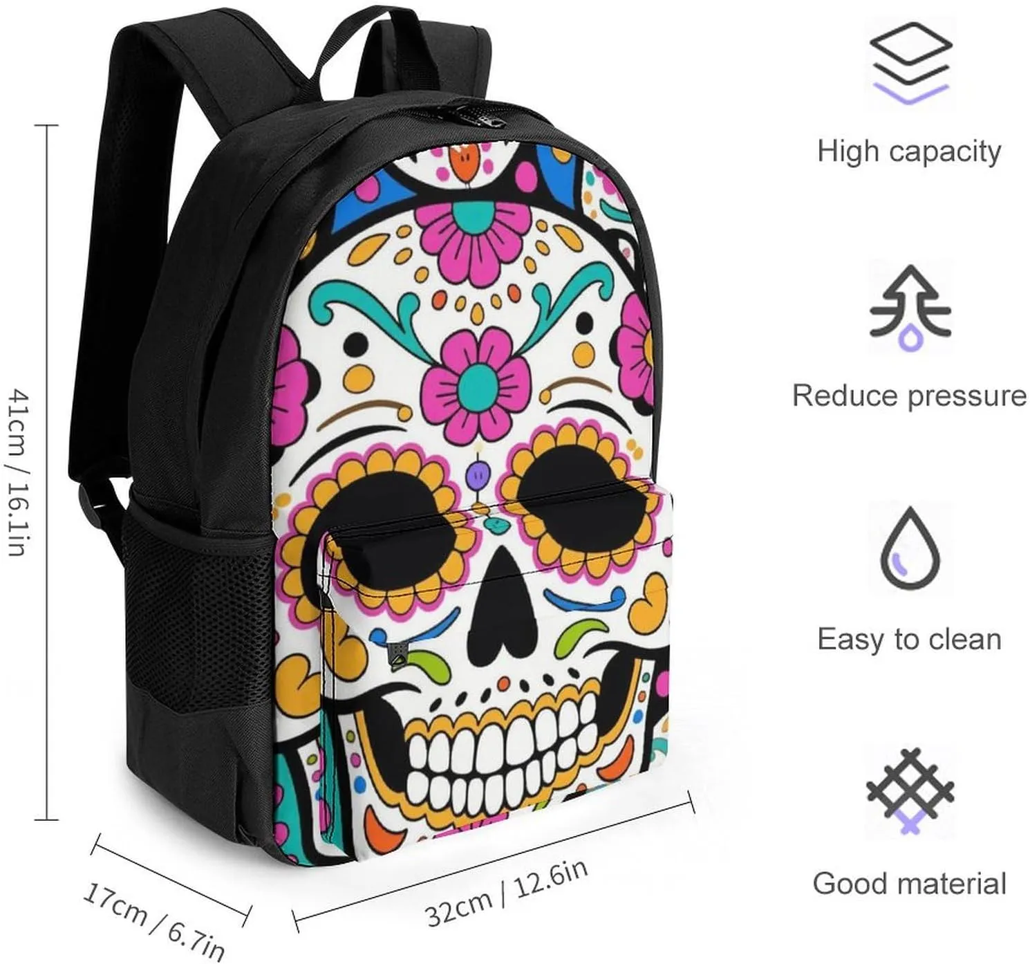 Lightweight Daypack Backpack for Trekking Work Running - Big Capacity Multipurpose Anti-Theft Bookbag, Mexican Sugar Skull Flower Art Business Computer Bag