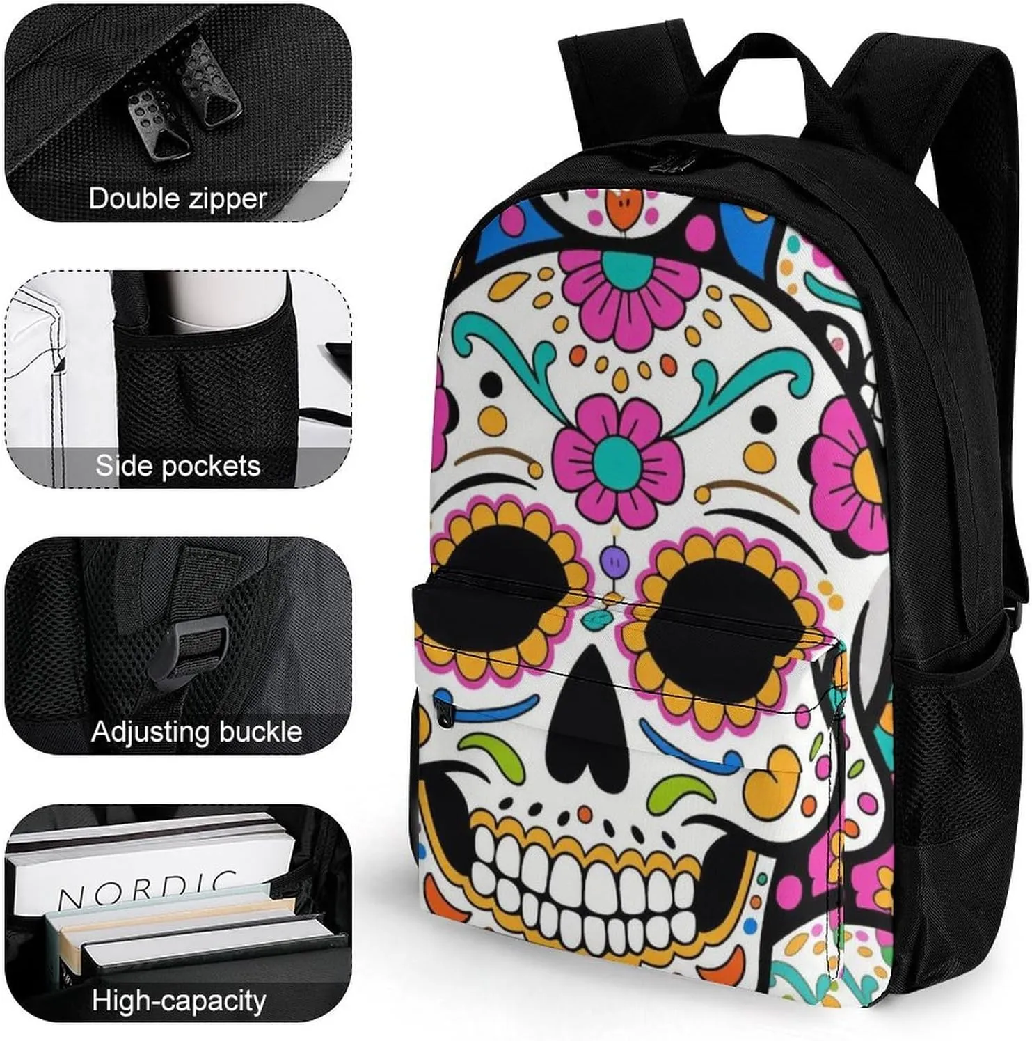 Lightweight Daypack Backpack for Trekking Work Running - Big Capacity Multipurpose Anti-Theft Bookbag, Mexican Sugar Skull Flower Art Business Computer Bag