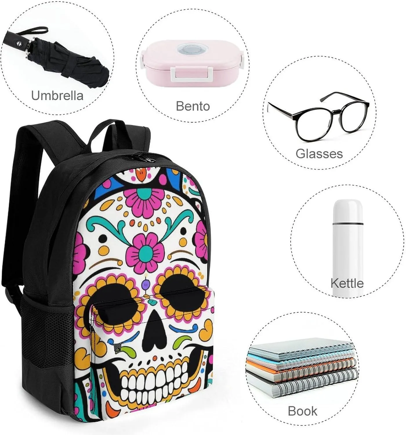 Lightweight Daypack Backpack for Trekking Work Running - Big Capacity Multipurpose Anti-Theft Bookbag, Mexican Sugar Skull Flower Art Business Computer Bag