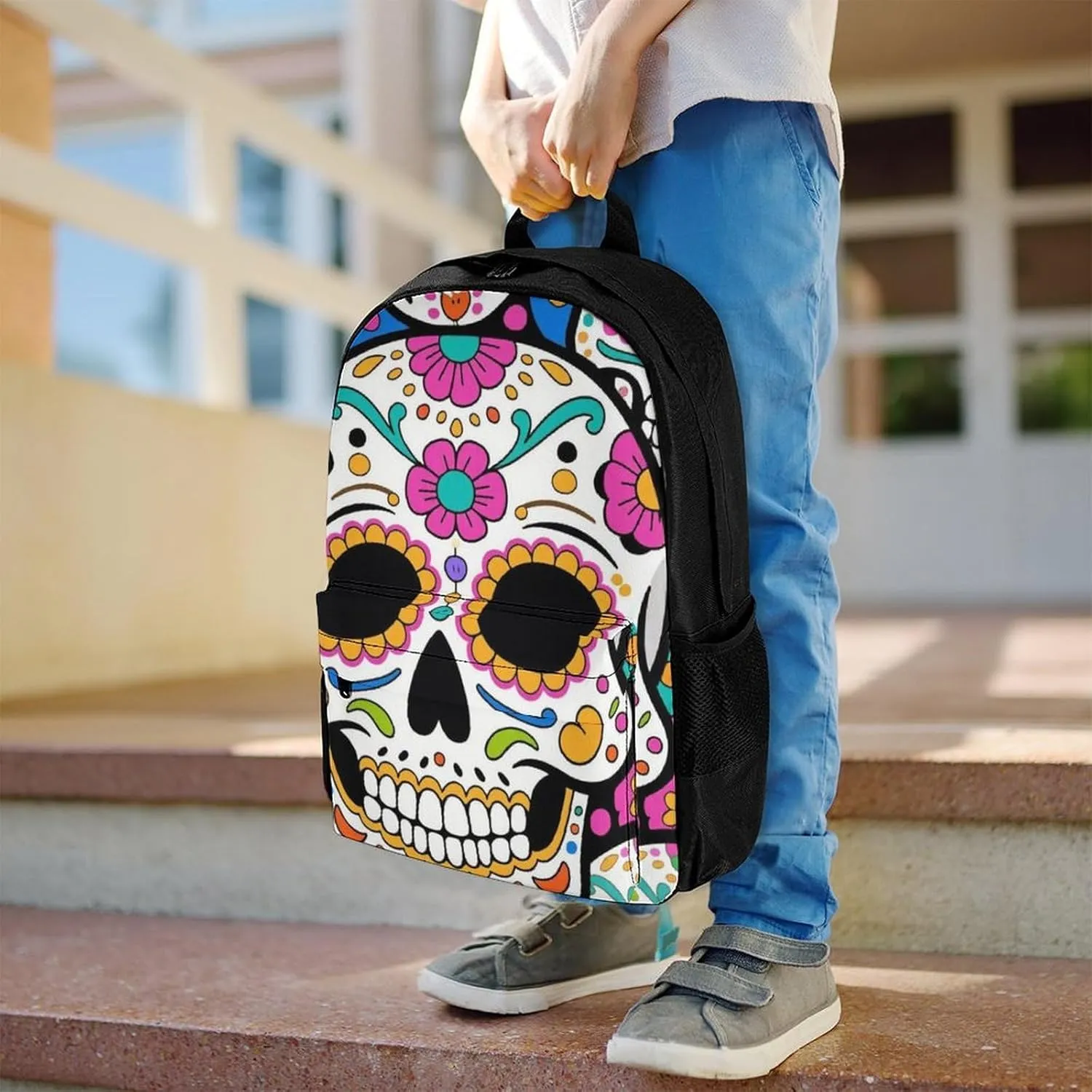 Lightweight Daypack Backpack for Trekking Work Running - Big Capacity Multipurpose Anti-Theft Bookbag, Mexican Sugar Skull Flower Art Business Computer Bag