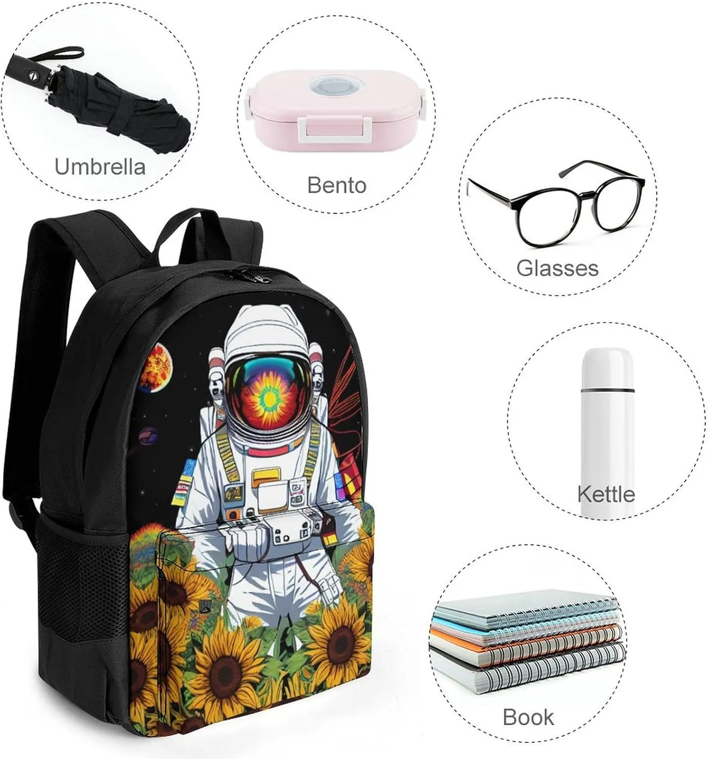 Lightweight Daypack Bookbag for Trekking Business Walking Cycling - Big Capacity Anti-Theft Multipurpose Carry On Bag, Psychedelic Space Astronaut Sunflower Snake Art Business Computer Bag