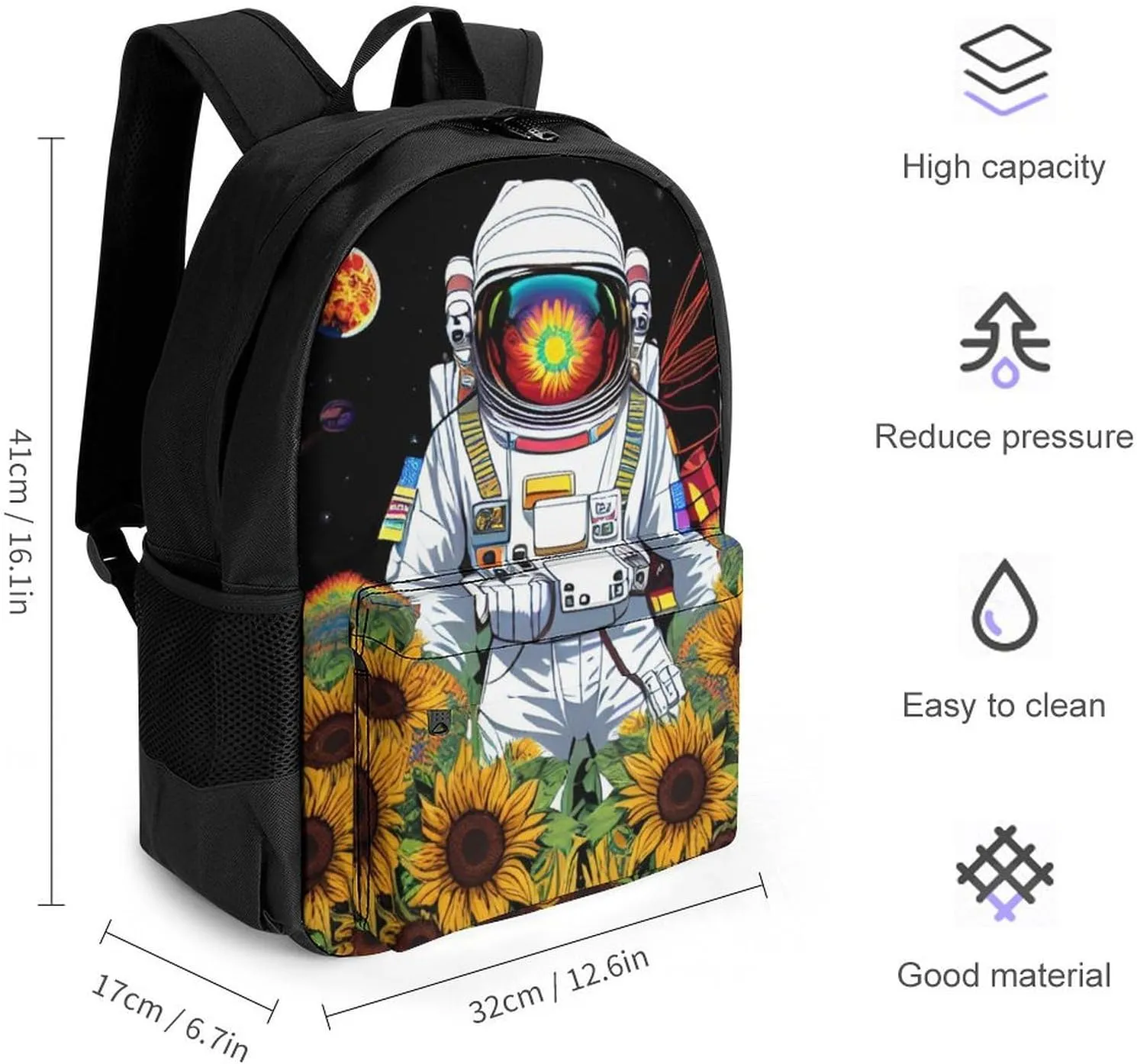 Lightweight Daypack Bookbag for Trekking Business Walking Cycling - Big Capacity Anti-Theft Multipurpose Carry On Bag, Psychedelic Space Astronaut Sunflower Snake Art Business Computer Bag