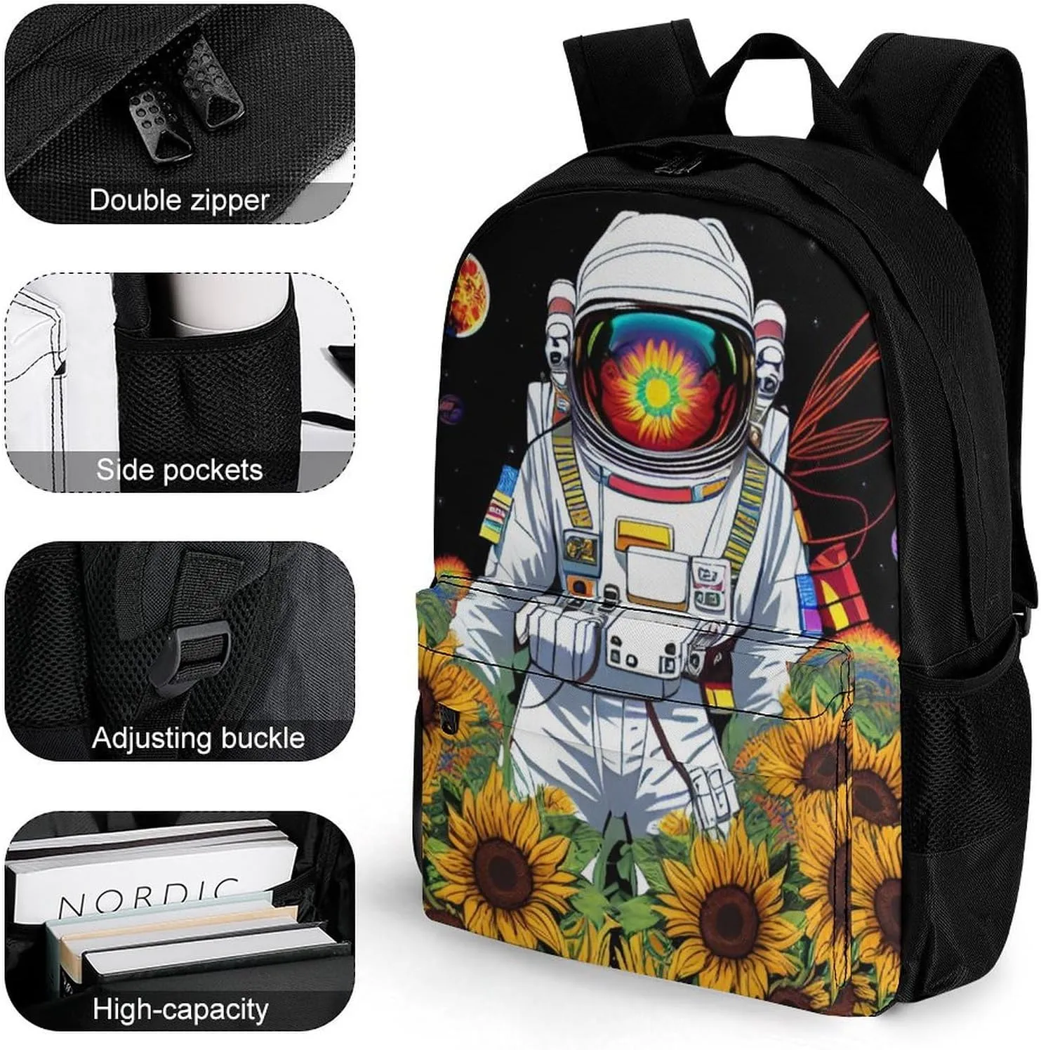 Lightweight Daypack Bookbag for Trekking Business Walking Cycling - Big Capacity Anti-Theft Multipurpose Carry On Bag, Psychedelic Space Astronaut Sunflower Snake Art Business Computer Bag
