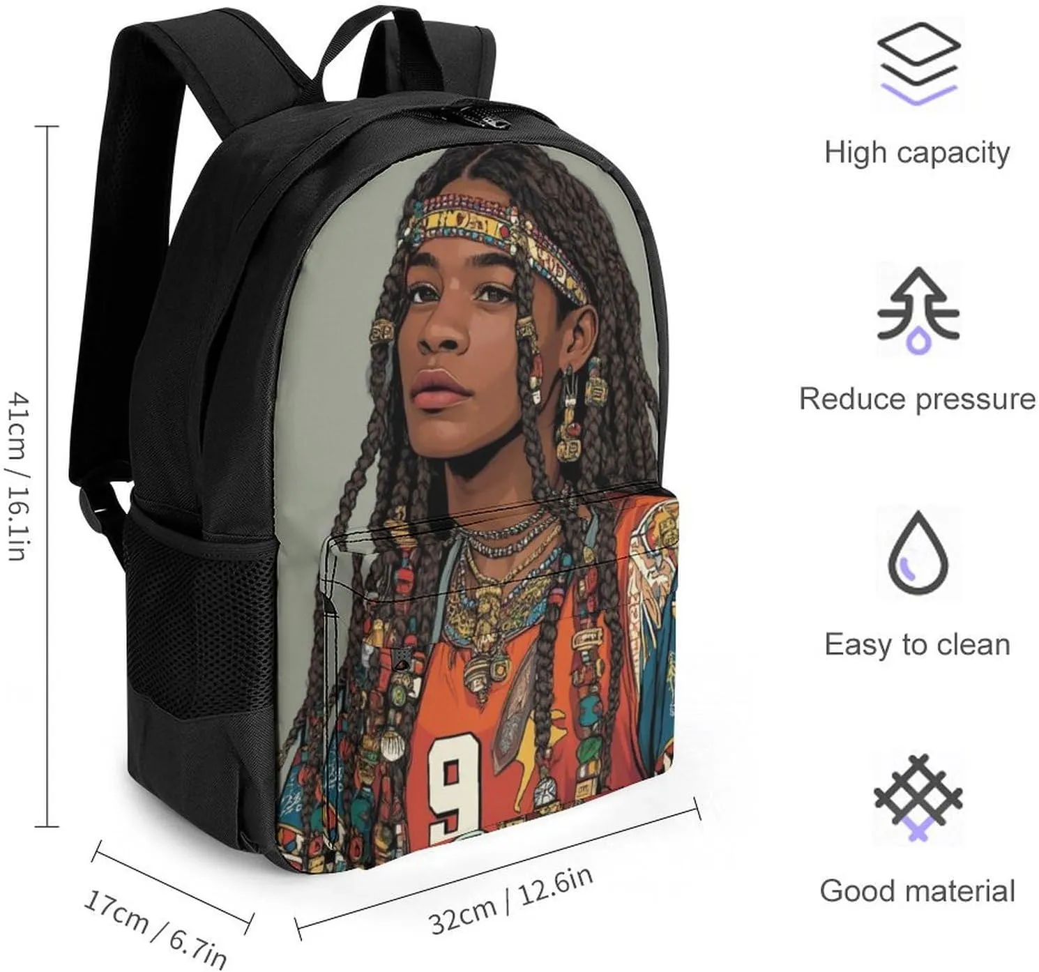 Lightweight Daypack for Camping Business Walking Cycling - Large Capacity Anti-Theft Multipurpose Bookbag, African American Tribal Ethnic Black Woman Art Gym Outdoor Hiking Backpack