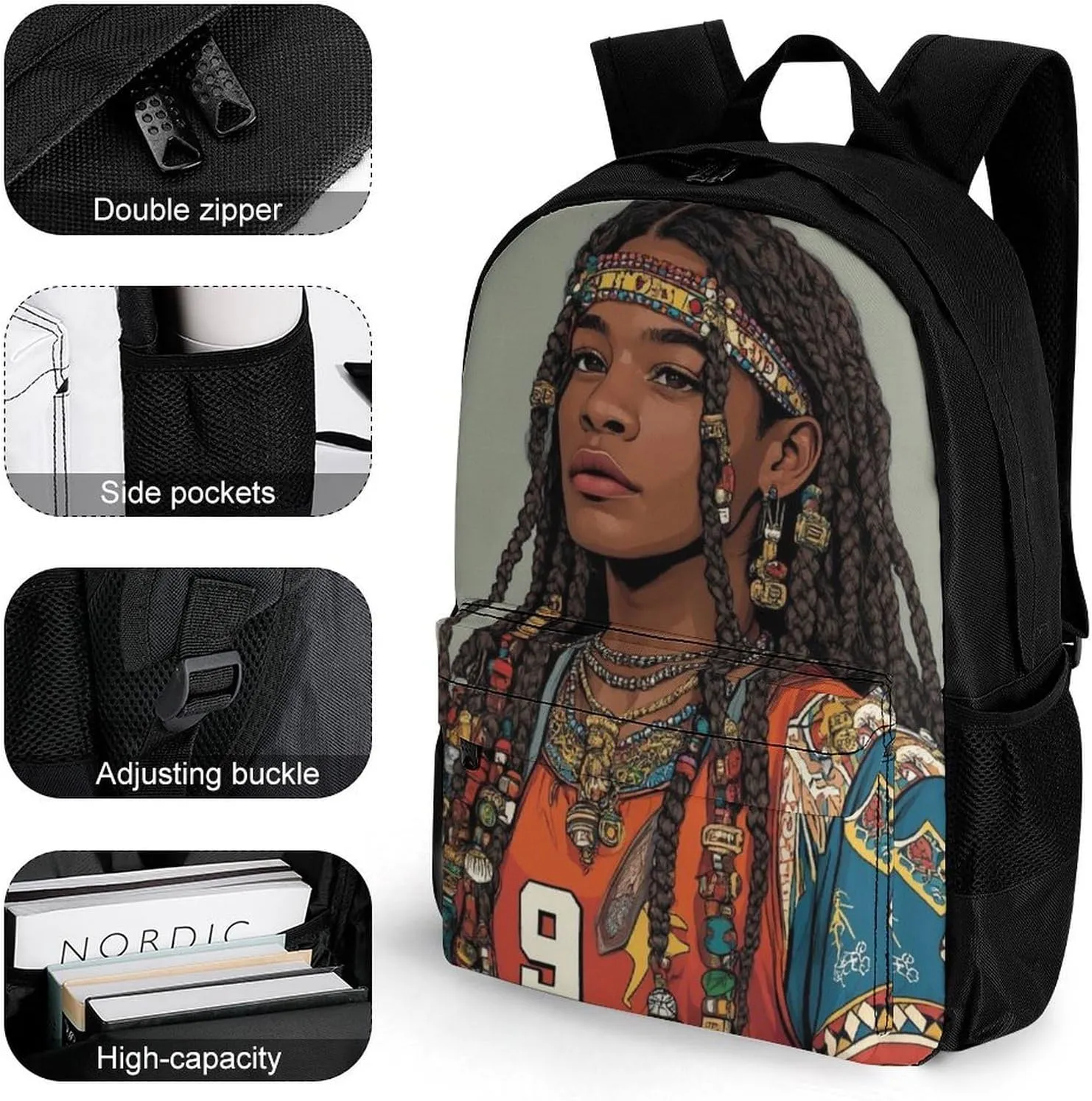 Lightweight Daypack for Camping Business Walking Cycling - Large Capacity Anti-Theft Multipurpose Bookbag, African American Tribal Ethnic Black Woman Art Gym Outdoor Hiking Backpack
