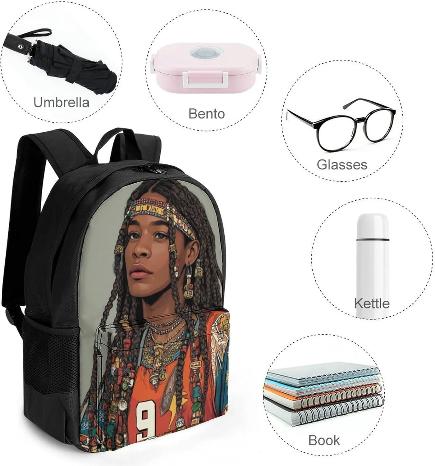Lightweight Daypack for Camping Business Walking Cycling - Large Capacity Anti-Theft Multipurpose Bookbag, African American Tribal Ethnic Black Woman Art Gym Outdoor Hiking Backpack