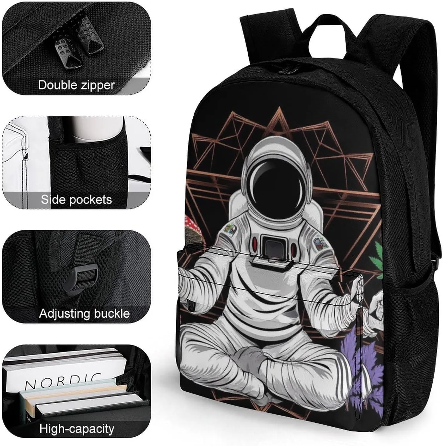 Lightweight Daypack for Camping Business Walking Cycling - Large Capacity Anti-Theft Multipurpose Bookbag, Astronaut Trippy Mushroom Art Gym Outdoor Hiking Backpack