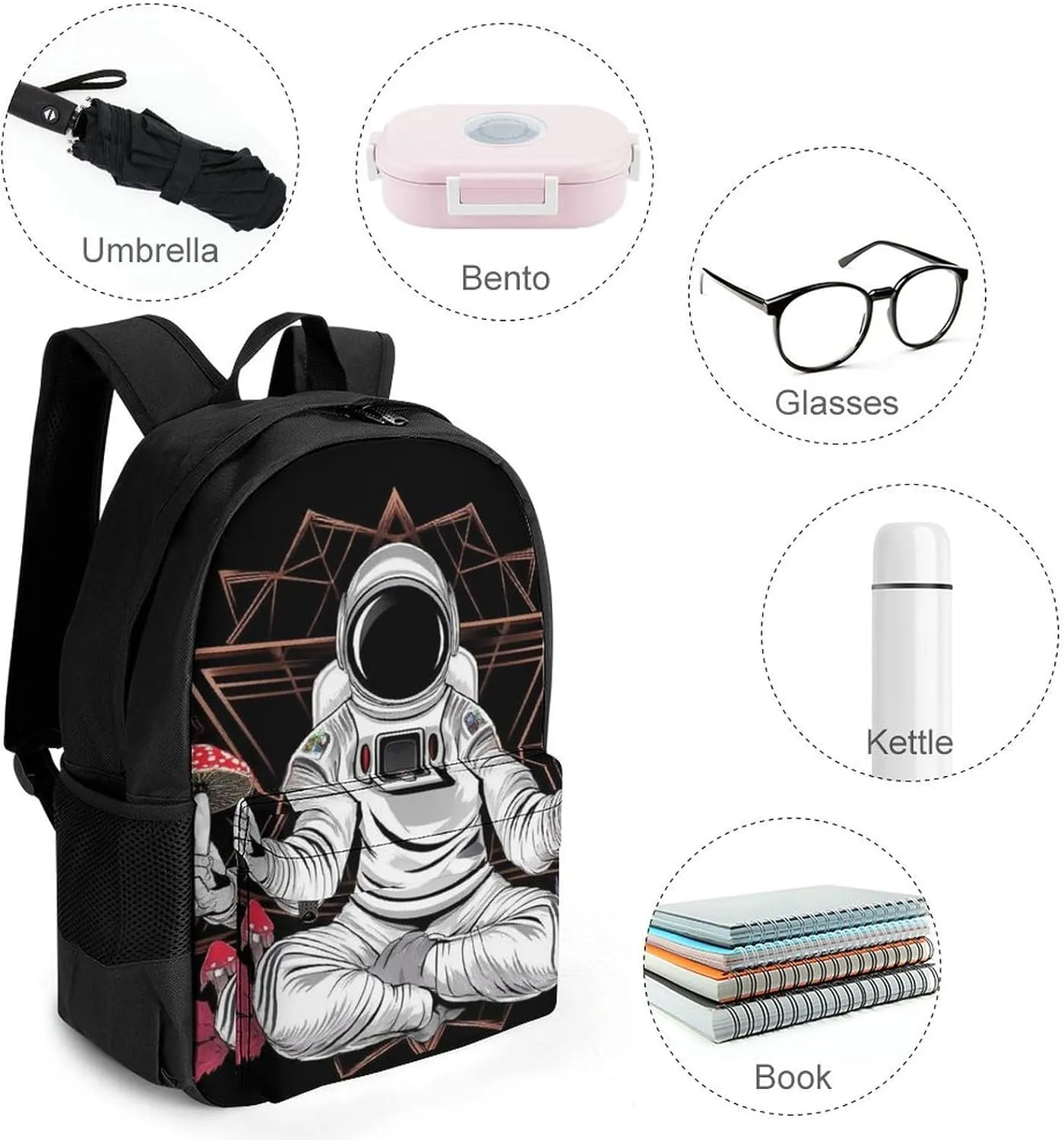 Lightweight Daypack for Camping Business Walking Cycling - Large Capacity Anti-Theft Multipurpose Bookbag, Astronaut Trippy Mushroom Art Gym Outdoor Hiking Backpack