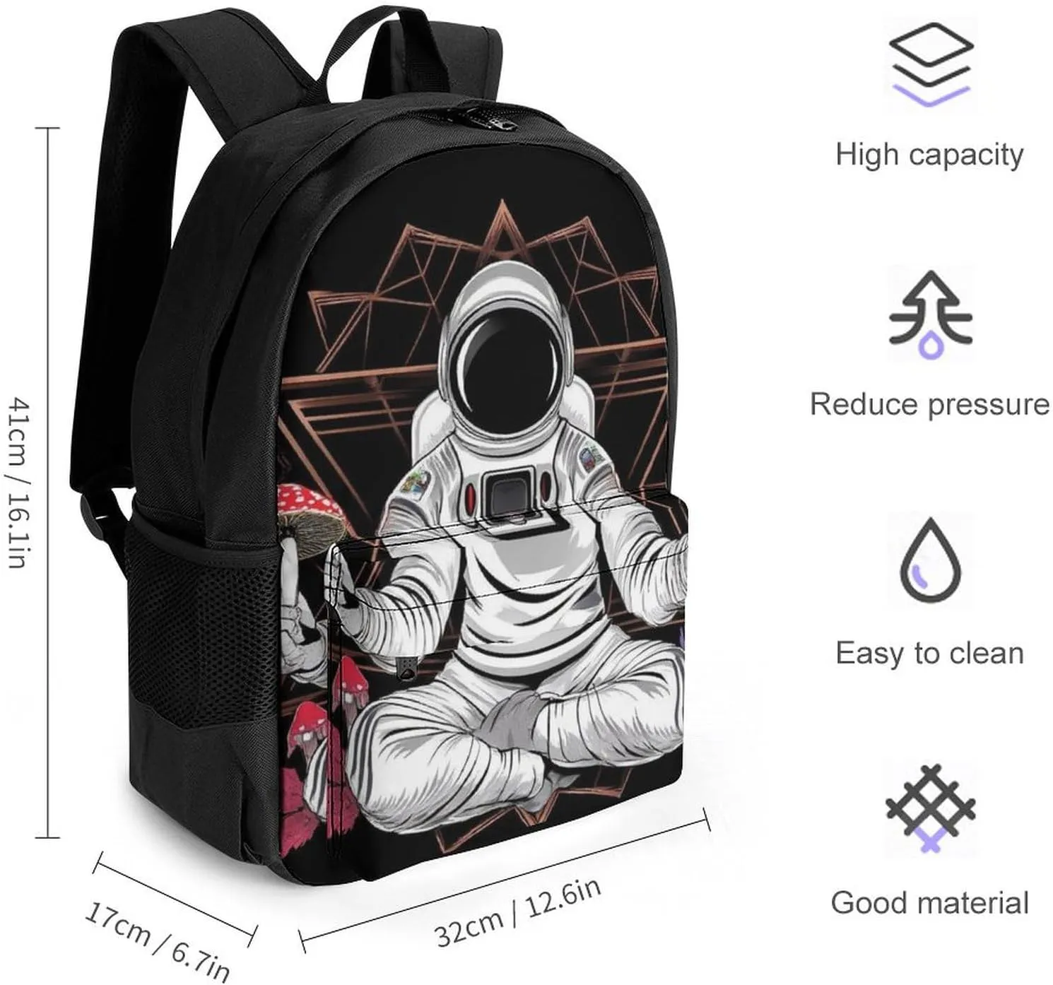 Lightweight Daypack for Camping Business Walking Cycling - Large Capacity Anti-Theft Multipurpose Bookbag, Astronaut Trippy Mushroom Art Gym Outdoor Hiking Backpack