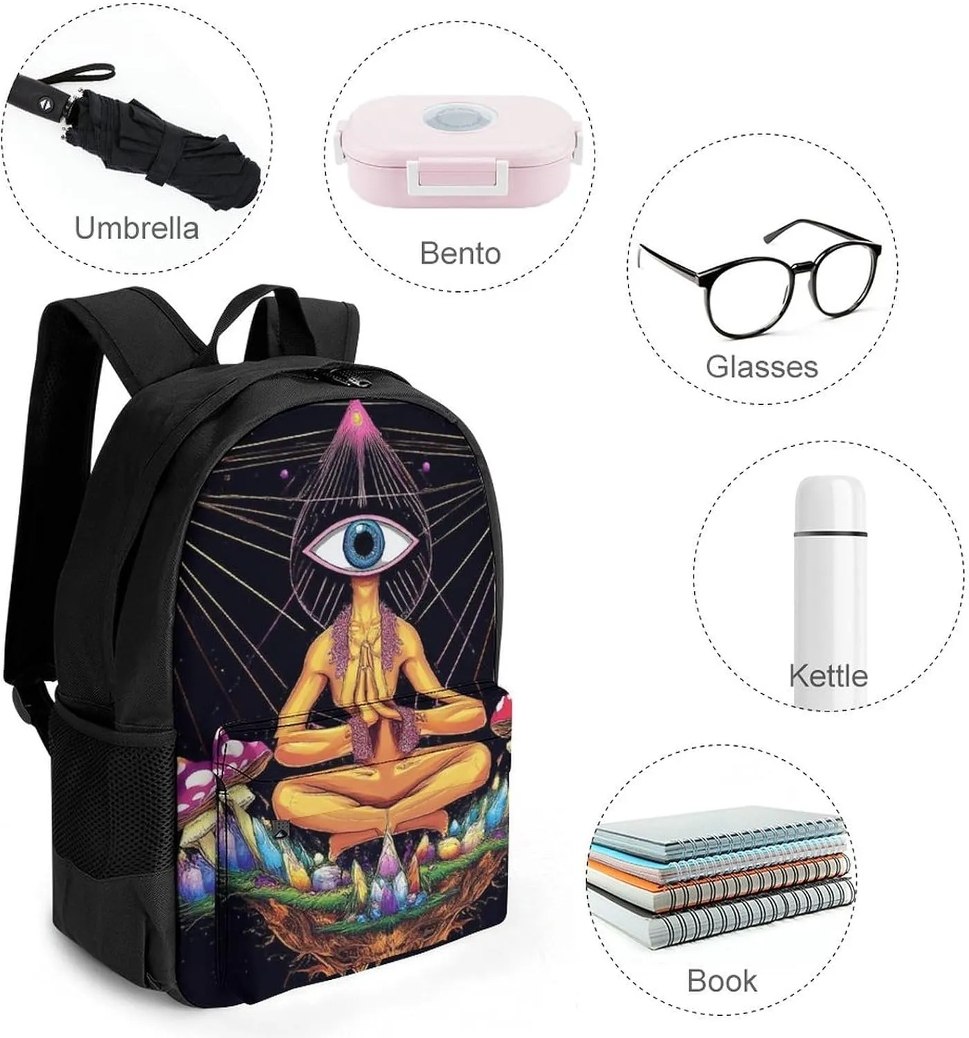 Lightweight Daypack for Camping Business Walking Cycling - Large Capacity Anti-Theft Multipurpose Bookbag, Trippy Magic Mushrooms Meditation Art Gym Outdoor Hiking Backpack