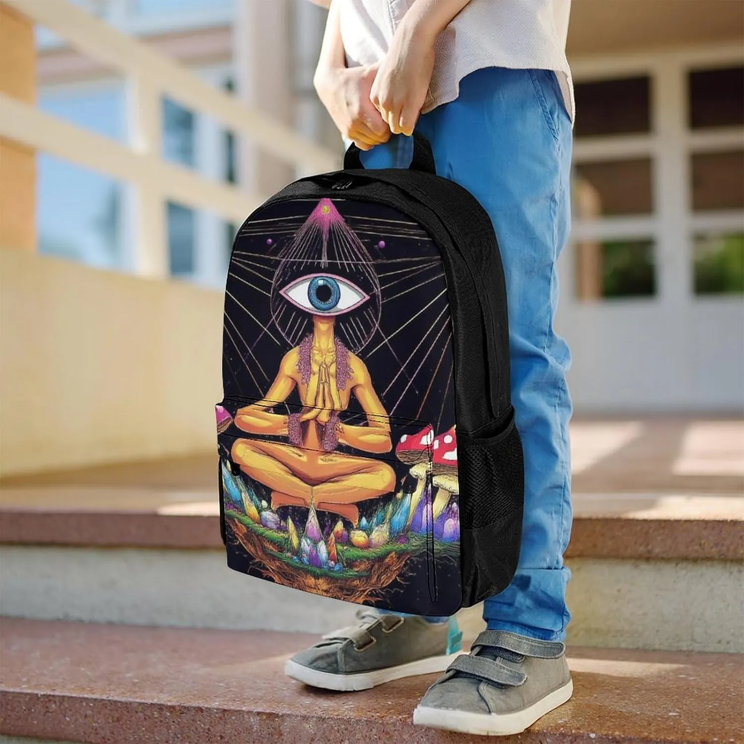 Lightweight Daypack for Camping Business Walking Cycling - Large Capacity Anti-Theft Multipurpose Bookbag, Trippy Magic Mushrooms Meditation Art Gym Outdoor Hiking Backpack