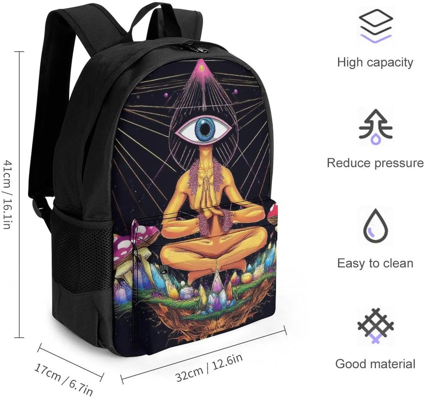 Lightweight Daypack for Camping Business Walking Cycling - Large Capacity Anti-Theft Multipurpose Bookbag, Trippy Magic Mushrooms Meditation Art Gym Outdoor Hiking Backpack