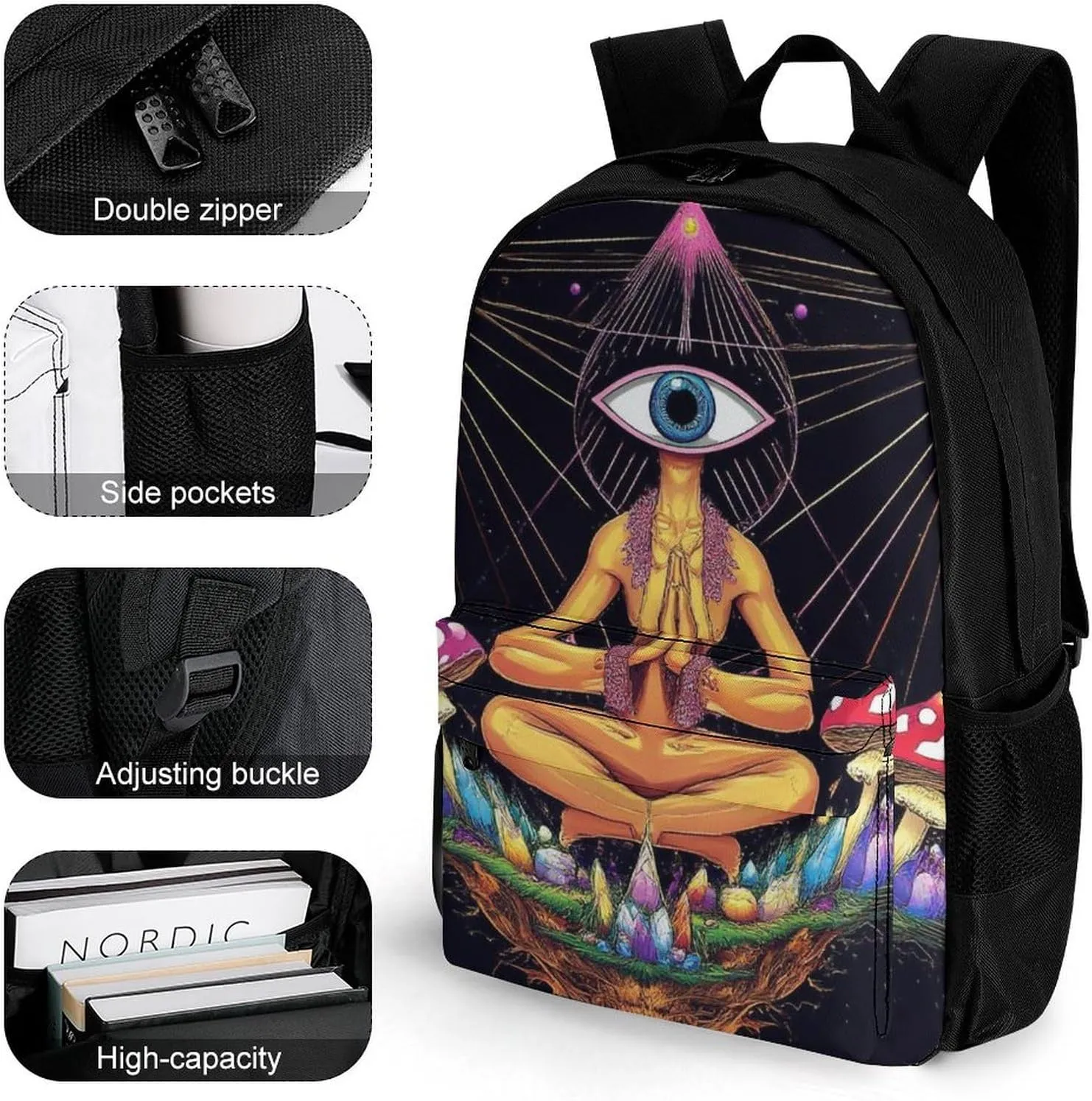 Lightweight Daypack for Camping Business Walking Cycling - Large Capacity Anti-Theft Multipurpose Bookbag, Trippy Magic Mushrooms Meditation Art Gym Outdoor Hiking Backpack