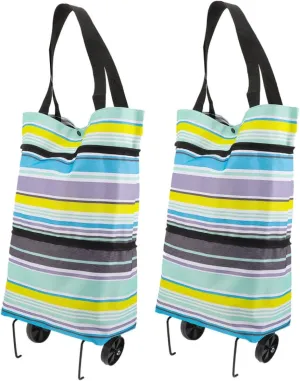 Lightweight Foldable Shopping Trolley Tote Bag 2pcs Bag Wheels Pull Handle Portable Cart for Women