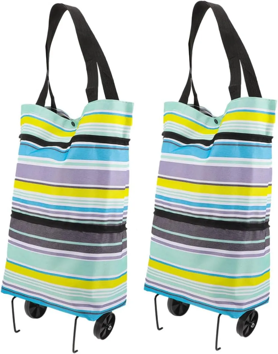 Lightweight Foldable Shopping Trolley Tote Bag 2pcs Bag Wheels Pull Handle Portable Cart for Women