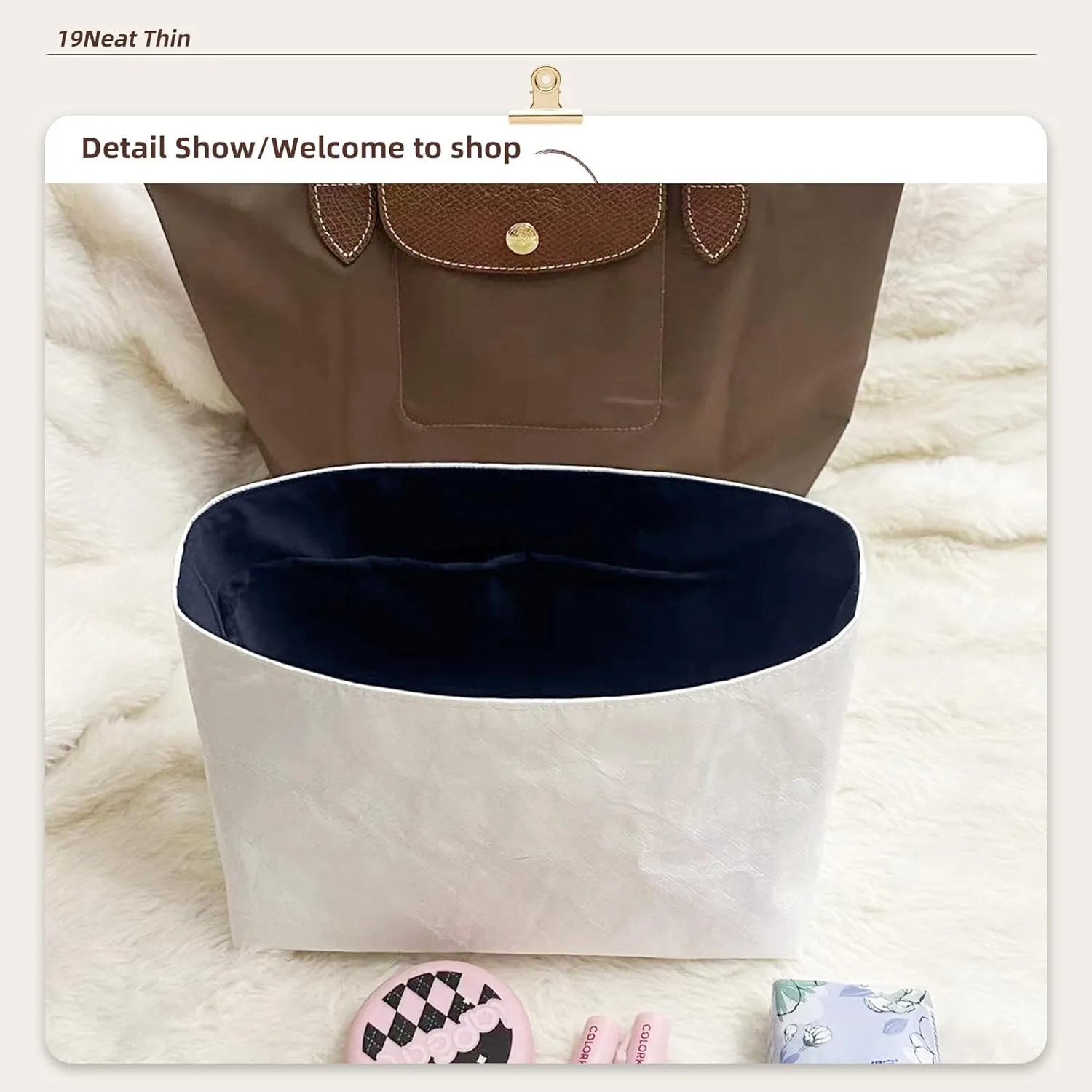Lightweight Purse Insert Compatible with Long-champ Le Pliage Mini Handbag, Waterproof Dupontpaper Surface and Silky Satin Lining (Mini, Blue Nuit)