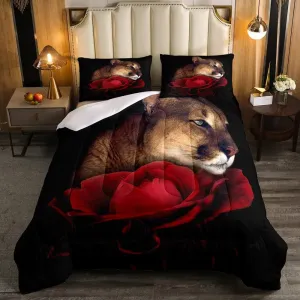 Lion Comforter Set Safari Animal Bedding Sets Lion Red Rose Comforter for Kids Adults Bedroom Decor Floral Jungle Wildlife Western Down Comforter with 1 Comforter and 2 Pillow Cases Queen Size