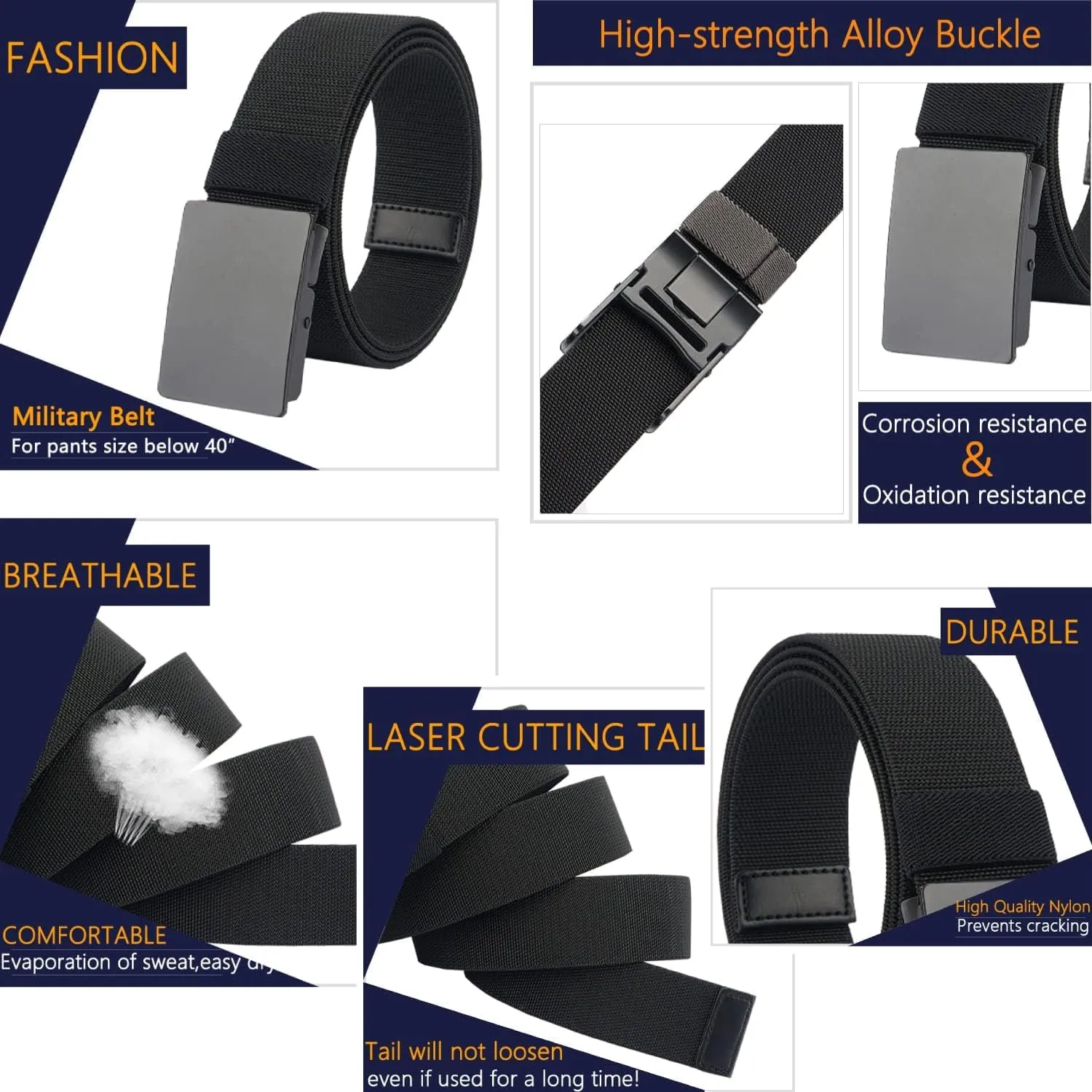 LionVII Casual Mens Belt, Elastic Work Belt with Metal Buckle Adjustable Web Waist Strap, Easy Trim to Fit 28-49" Waist