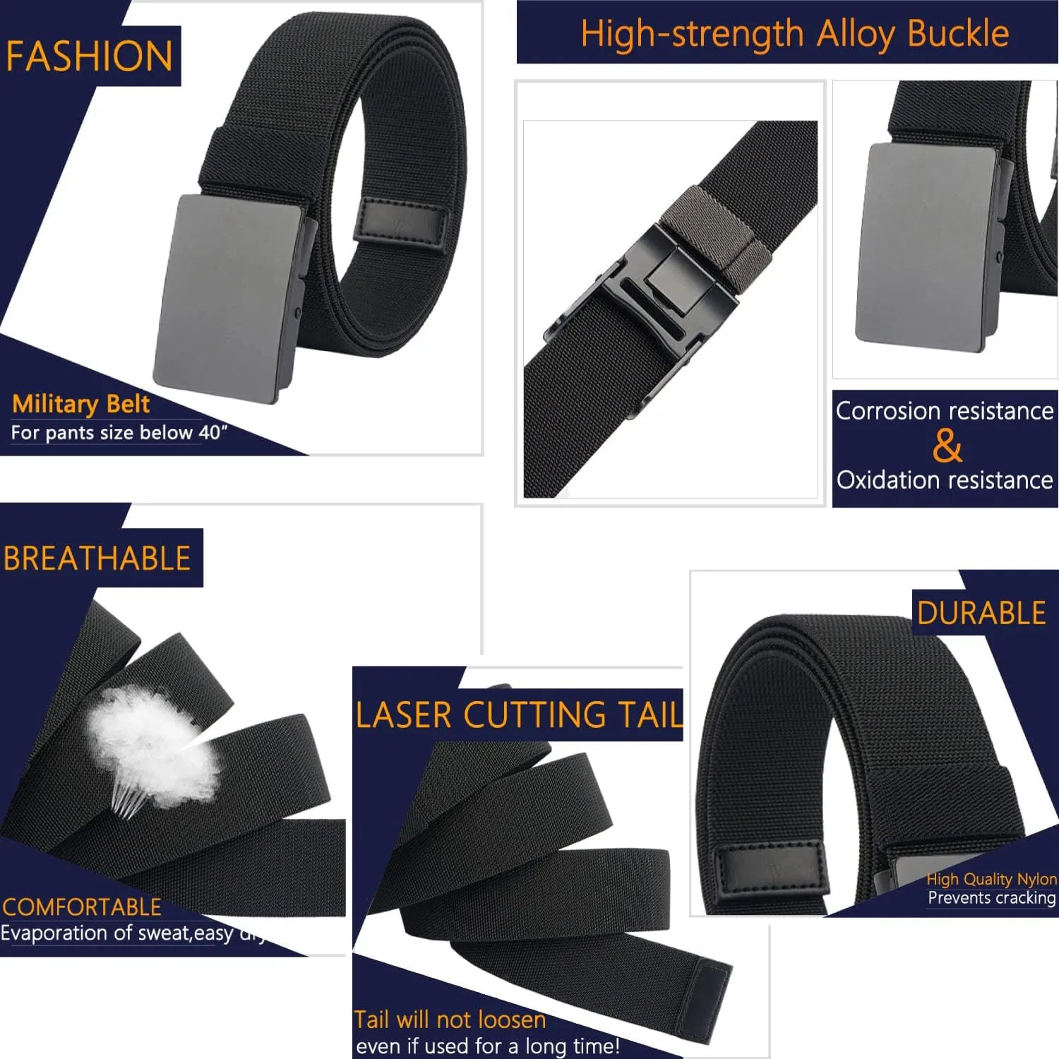 LionVII Casual Mens Belt, Elastic Work Belt with Metal Buckle Adjustable Web Waist Strap, Easy Trim to Fit 28-49" Waist