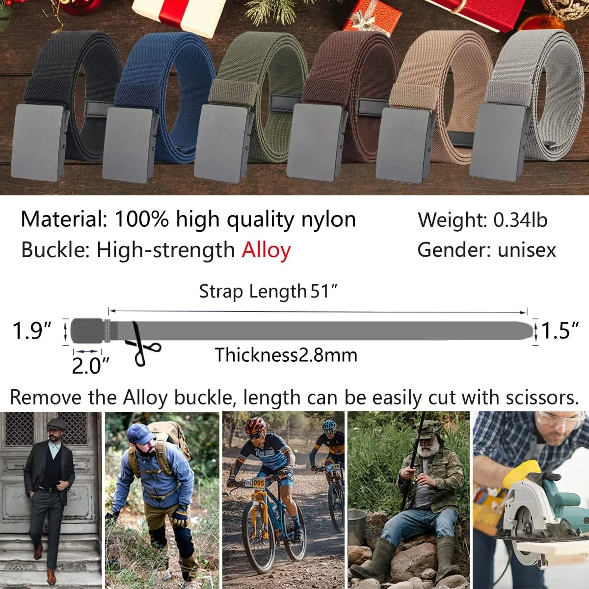 LionVII Casual Mens Belt, Elastic Work Belt with Metal Buckle Adjustable Web Waist Strap, Easy Trim to Fit 28-49" Waist
