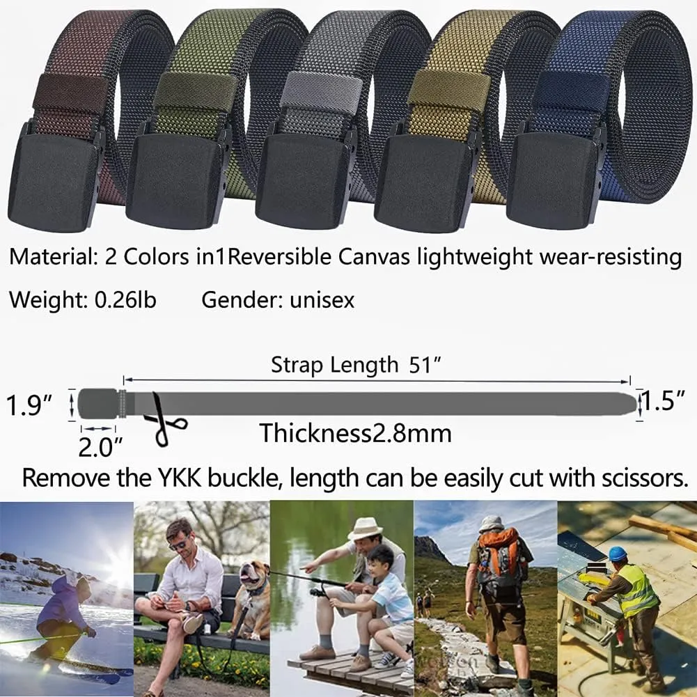 LionVII Mens Casual Belts Web - 2 Colors in 1 Reversible with YKK Plastic Buckle - Adjustable Trim to Fit 27-49" Waist