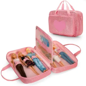 LoDrid Doll Carrying Case Compatible with Barbie Dolls 12-Inch, Storage Organizer with Handle Holds up to 6 Dolls, Multiple Pockets for Accessories, Pink, Bag Only