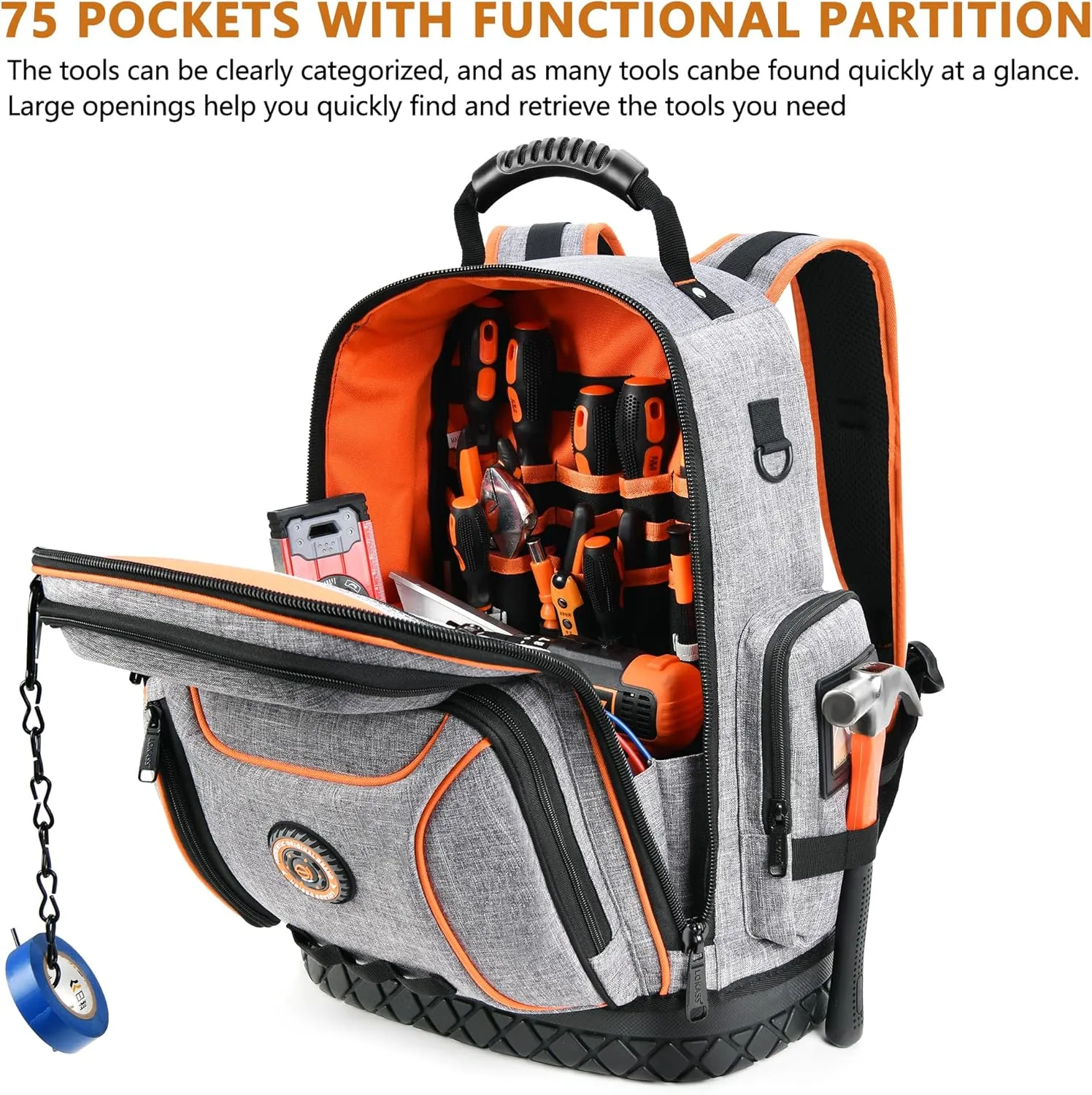LOKASS Tool Bag Backpack, 75 Pockets & Loops Heavy Duty Tools Organizer Bags/HVAC Tool Carrier for Eelectrician/Construction Work with Molded Base and Combination Lock, Large, Grey