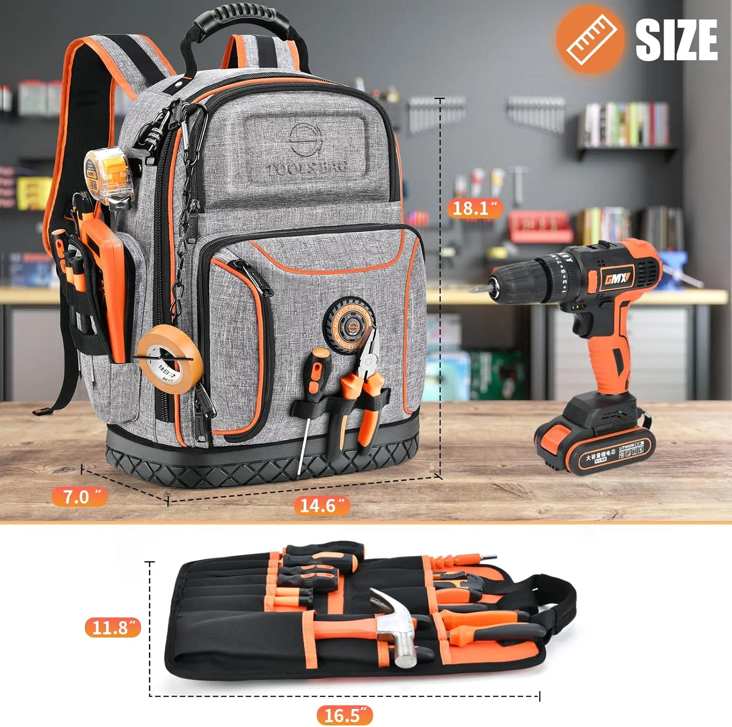 LOKASS Tool Bag Backpack, 75 Pockets & Loops Heavy Duty Tools Organizer Bags/HVAC Tool Carrier for Eelectrician/Construction Work with Molded Base and Combination Lock, Large, Grey