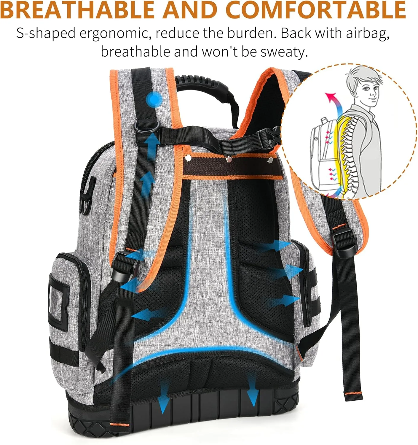 LOKASS Tool Bag Backpack, 75 Pockets & Loops Heavy Duty Tools Organizer Bags/HVAC Tool Carrier for Eelectrician/Construction Work with Molded Base and Combination Lock, Large, Grey