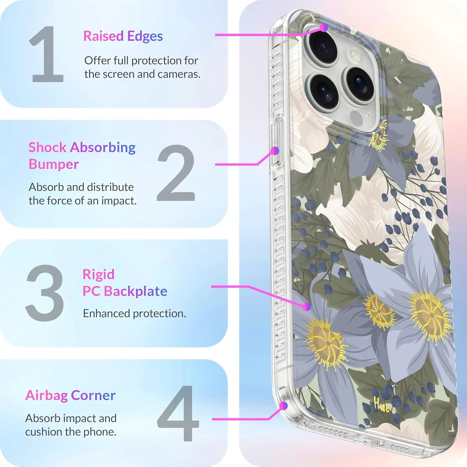 LONLI Hue - for iPhone 15 Pro Max Case [Compatible with Magsafe] - Blue Flower Phone Case - [360° Shock-Absorbent Bumper] - Cute, Unique and Aesthetic Phone Cover for Girls and Women