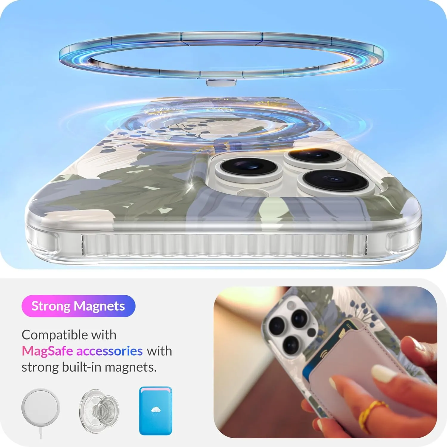 LONLI Hue - for iPhone 15 Pro Max Case [Compatible with Magsafe] - Blue Flower Phone Case - [360° Shock-Absorbent Bumper] - Cute, Unique and Aesthetic Phone Cover for Girls and Women