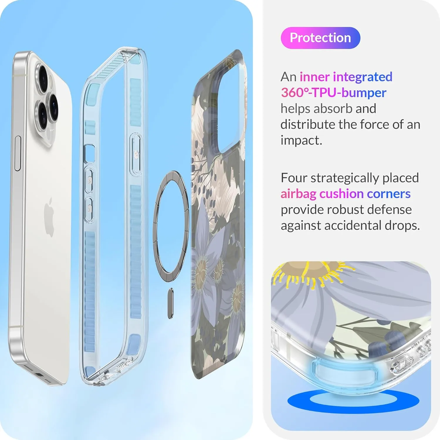 LONLI Hue - for iPhone 15 Pro Max Case [Compatible with Magsafe] - Blue Flower Phone Case - [360° Shock-Absorbent Bumper] - Cute, Unique and Aesthetic Phone Cover for Girls and Women