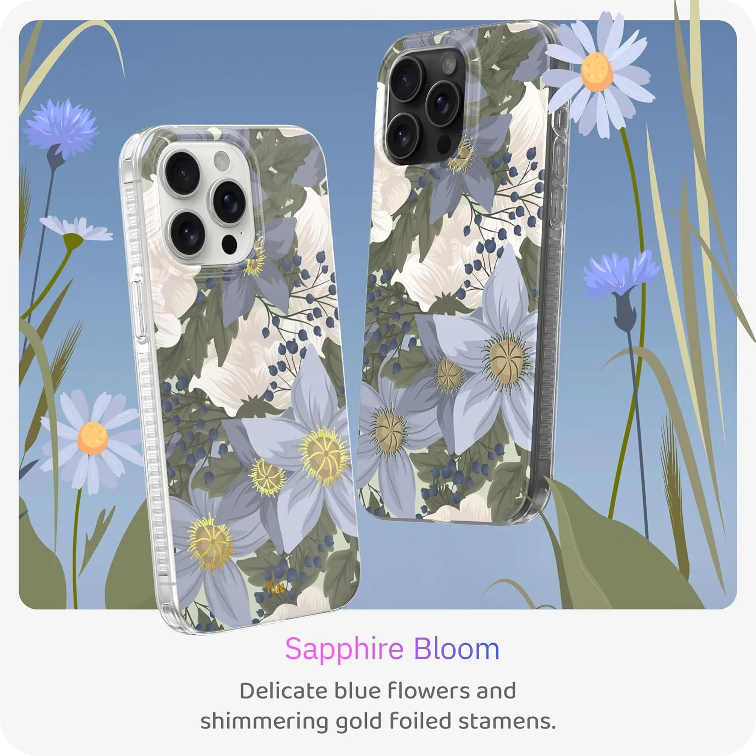 LONLI Hue - for iPhone 15 Pro Max Case [Compatible with Magsafe] - Blue Flower Phone Case - [360° Shock-Absorbent Bumper] - Cute, Unique and Aesthetic Phone Cover for Girls and Women