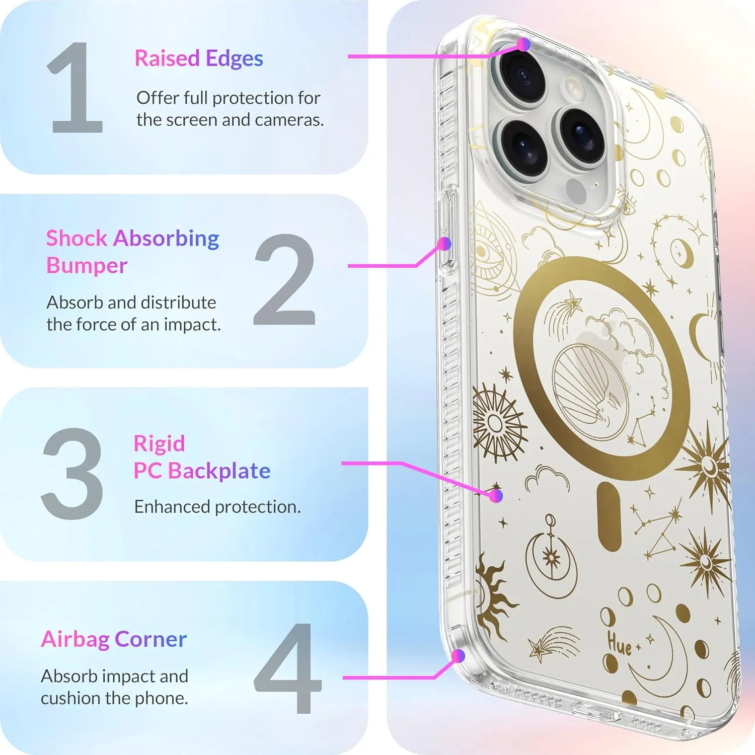 LONLI Hue - for iPhone 15 Pro Max Case [Compatible with Magsafe] - Cosmic Stars Phone Case - [360° Shock-Absorbent Bumper] - Cute, Unique and Aesthetic Phone Cover for Girls and Women