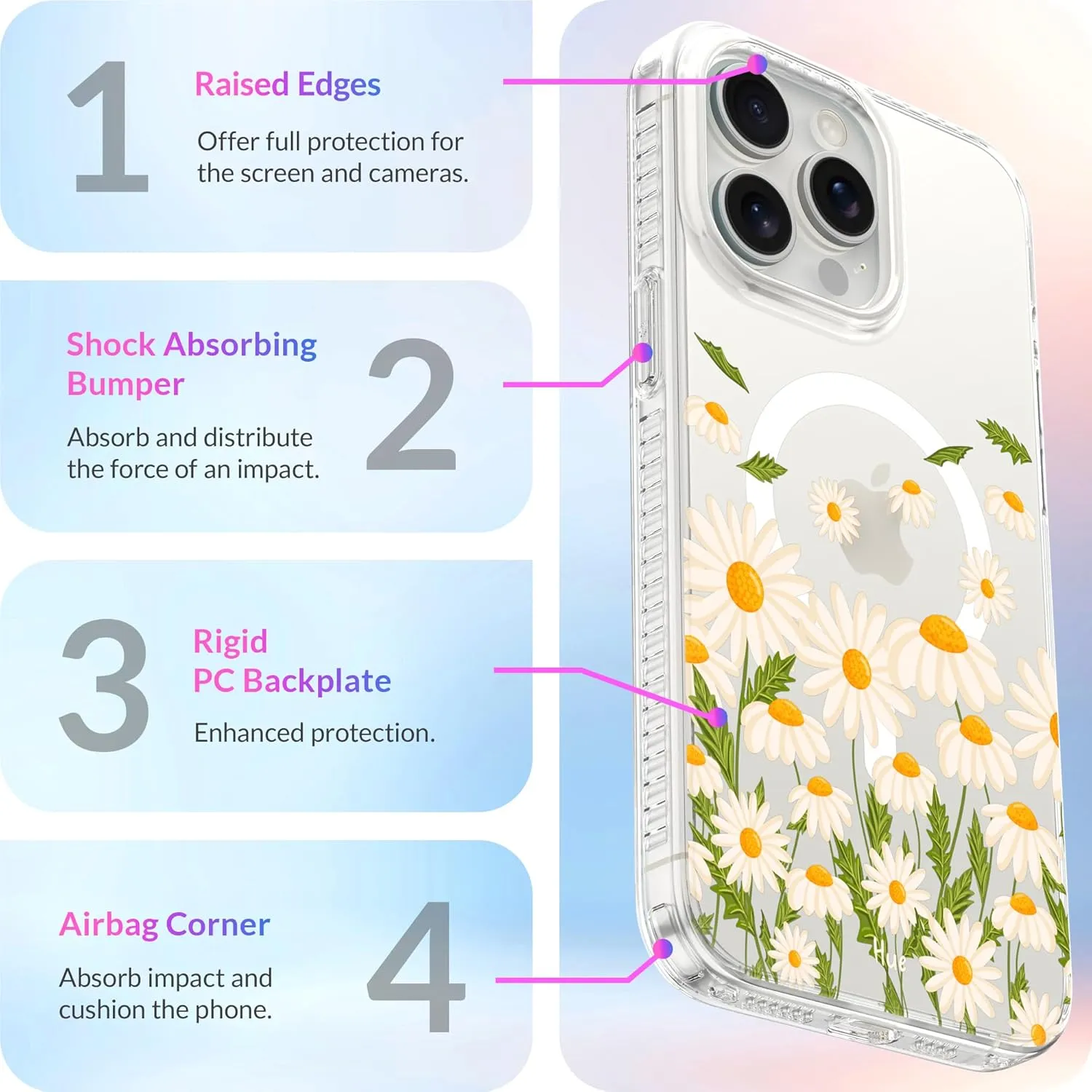 LONLI Hue - for iPhone 15 Pro Max Case [Compatible with Magsafe] - Daisy Garden Phone Case - [360° Shock-Absorbent Bumper] - Cute, Unique and Aesthetic Phone Cover for Girls and Women