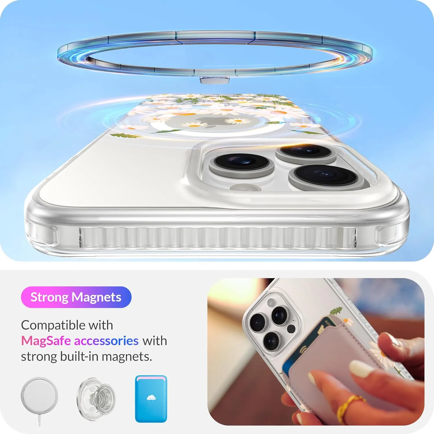 LONLI Hue - for iPhone 15 Pro Max Case [Compatible with Magsafe] - Daisy Garden Phone Case - [360° Shock-Absorbent Bumper] - Cute, Unique and Aesthetic Phone Cover for Girls and Women