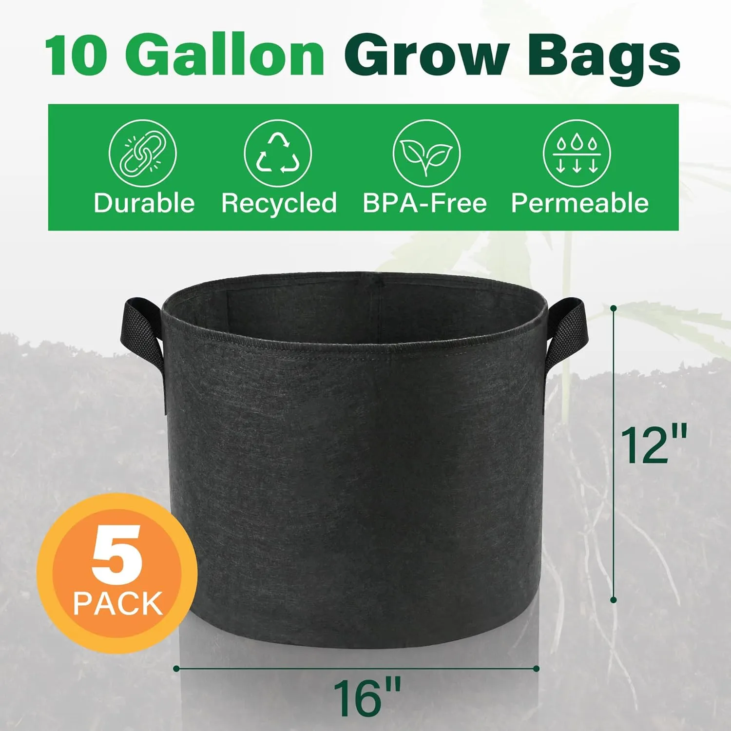 LotFancy 5-Pack 10 Gallon Grow Bags, Thickened Nonwoven Aeration Fabric Pots with Reinforced Handles, Heavy Duty Gardening Planter Containers for Vegetables Flowers Fruits, Black