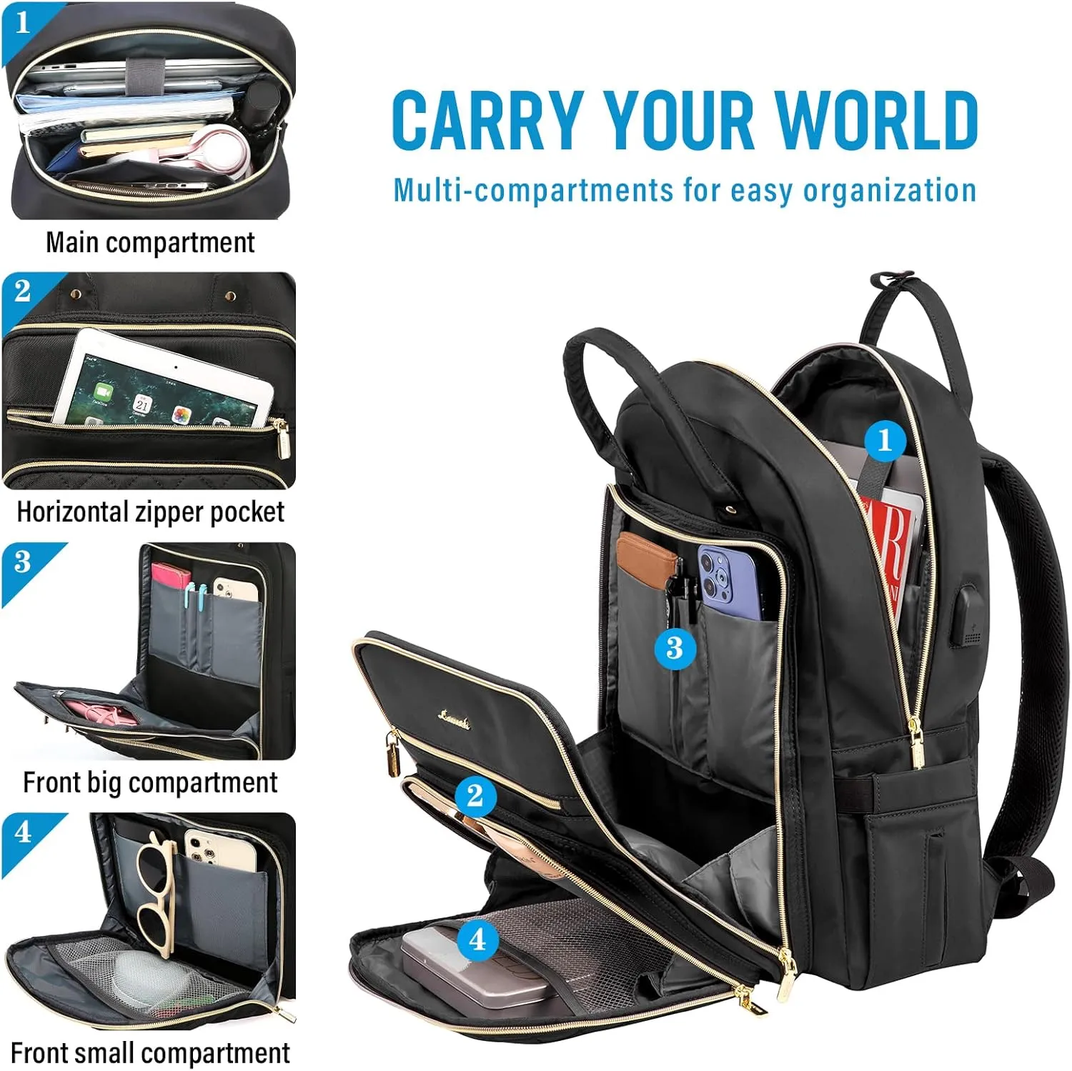LOVEVOOK Laptop Backpack for Women, Water Resistant Travel Work Black Backpacks Purse Business Teacher Nurse Computer Bag with USB Charging Port, Fits 15.6" Laptop
