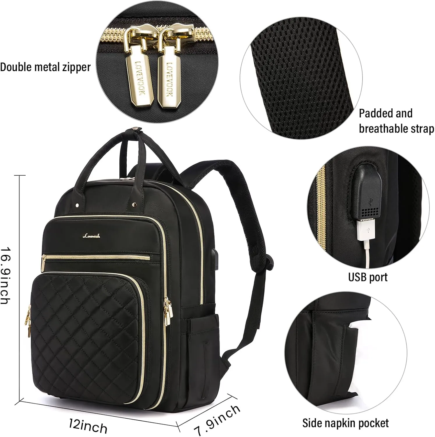 LOVEVOOK Laptop Backpack for Women, Water Resistant Travel Work Black Backpacks Purse Business Teacher Nurse Computer Bag with USB Charging Port, Fits 15.6" Laptop