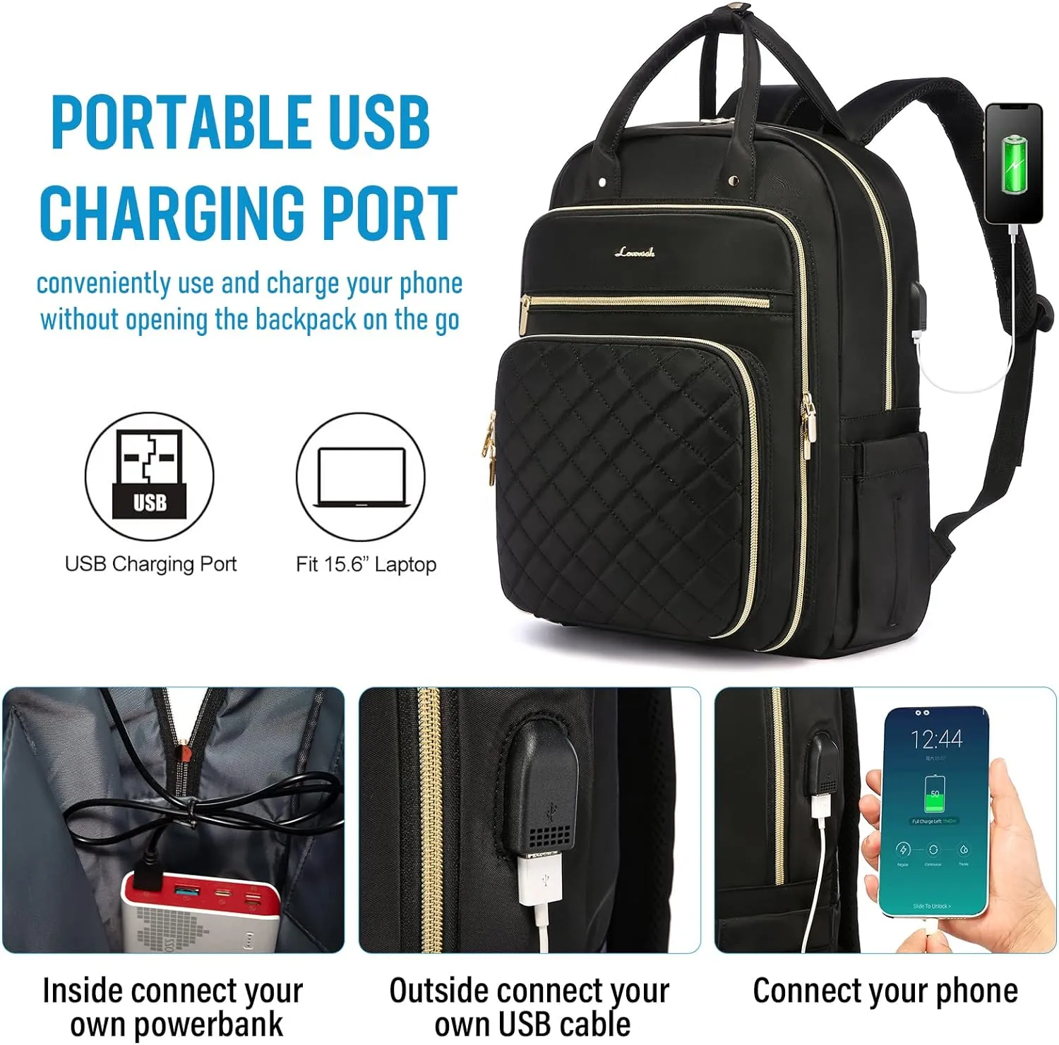 LOVEVOOK Laptop Backpack for Women, Water Resistant Travel Work Black Backpacks Purse Business Teacher Nurse Computer Bag with USB Charging Port, Fits 15.6" Laptop