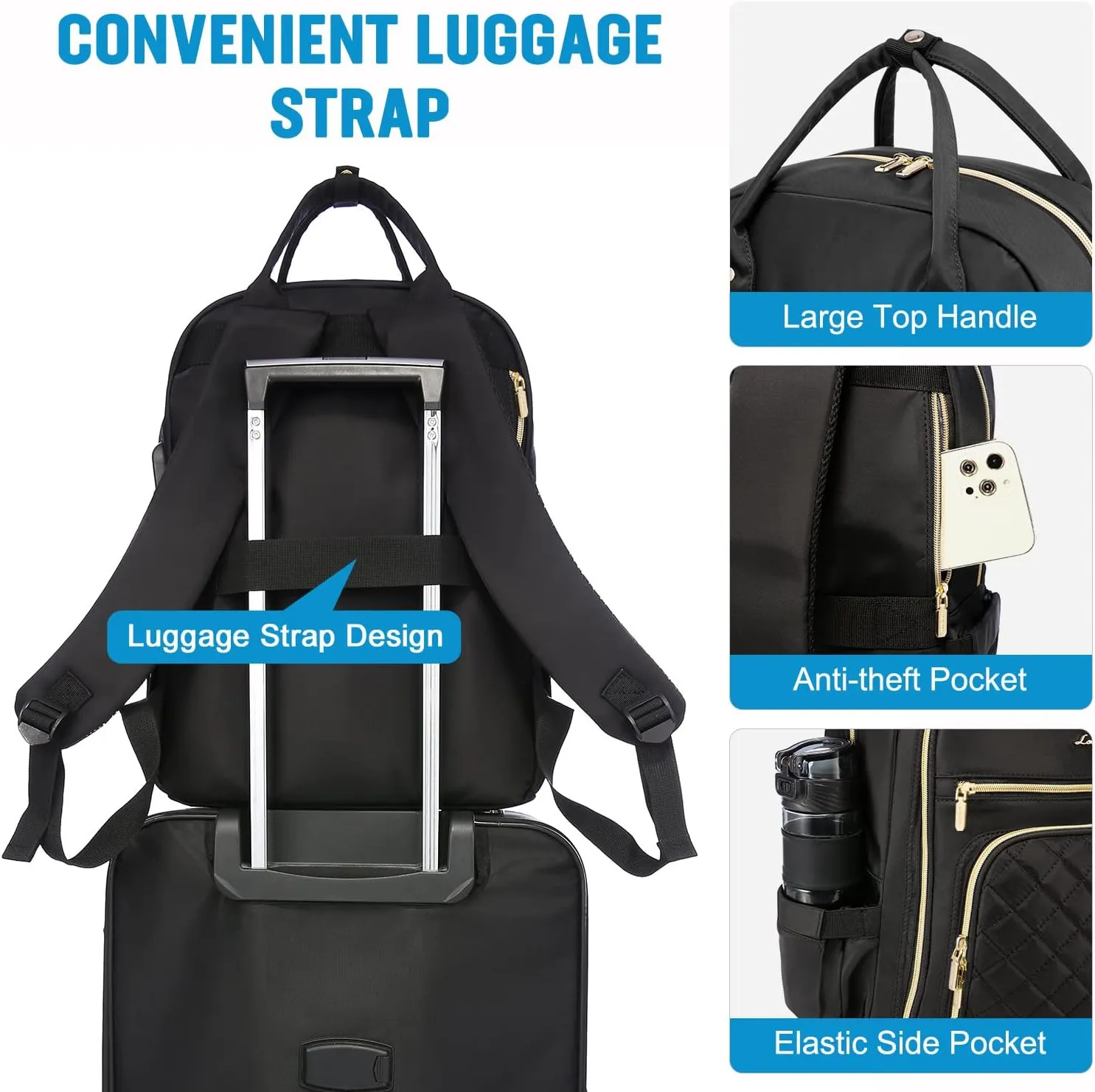 LOVEVOOK Laptop Backpack for Women, Water Resistant Travel Work Black Backpacks Purse Business Teacher Nurse Computer Bag with USB Charging Port, Fits 15.6" Laptop