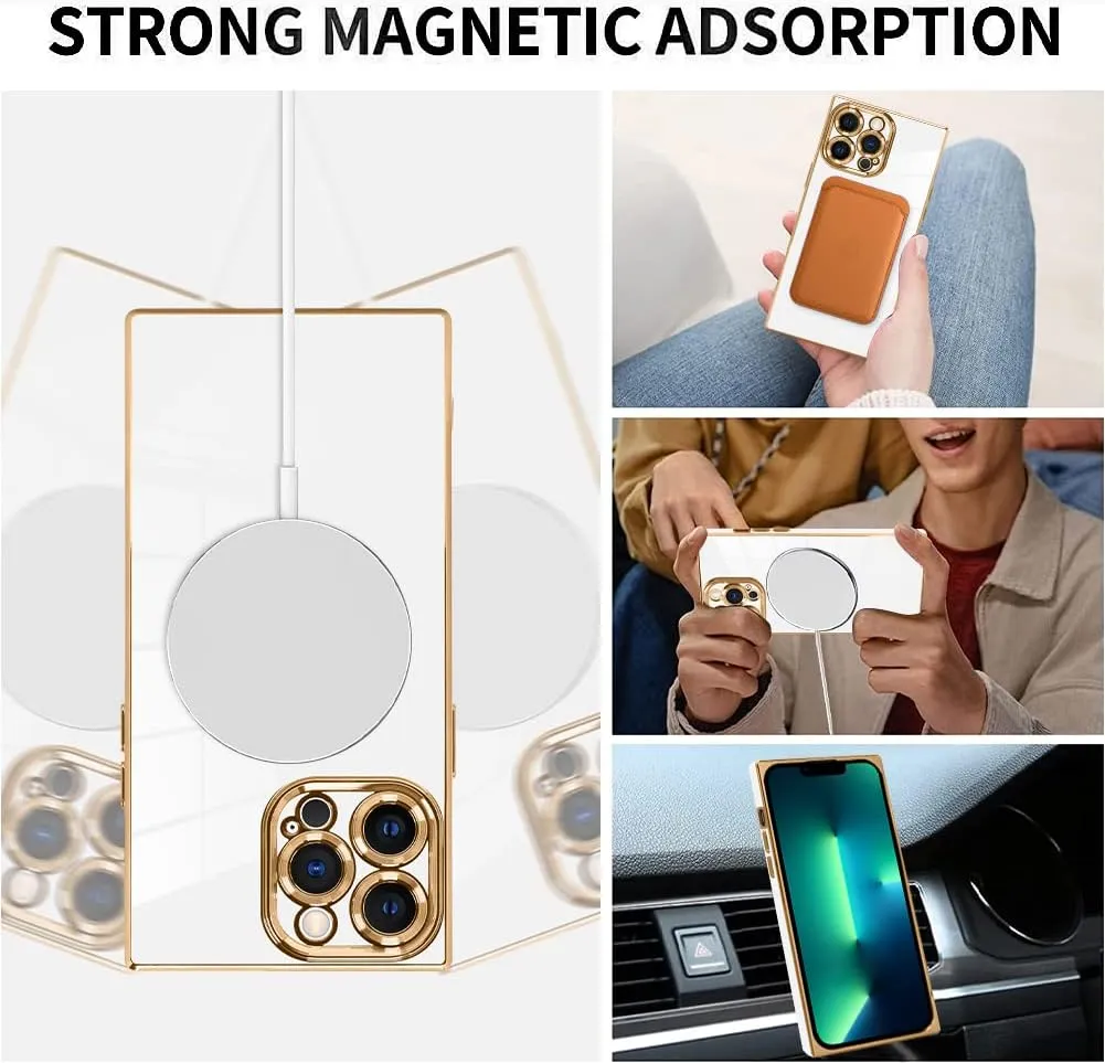 LSL Case for iPhone 13 Pro Max Case [Compatible with MagSafe] Soft TPU Bumper Anti-Drop Anti-Scratch Shock Absorption Protective Slim Luxury Plating Magnetic Cover for Women Girls Men - White