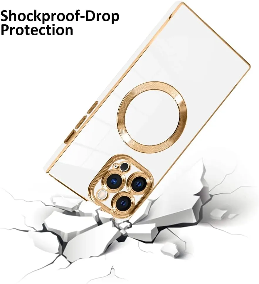 LSL Case for iPhone 13 Pro Max Case [Compatible with MagSafe] Soft TPU Bumper Anti-Drop Anti-Scratch Shock Absorption Protective Slim Luxury Plating Magnetic Cover for Women Girls Men - White