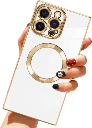 LSL Case for iPhone 13 Pro Max Case [Compatible with MagSafe] Soft TPU Bumper Anti-Drop Anti-Scratch Shock Absorption Protective Slim Luxury Plating Magnetic Cover for Women Girls Men - White