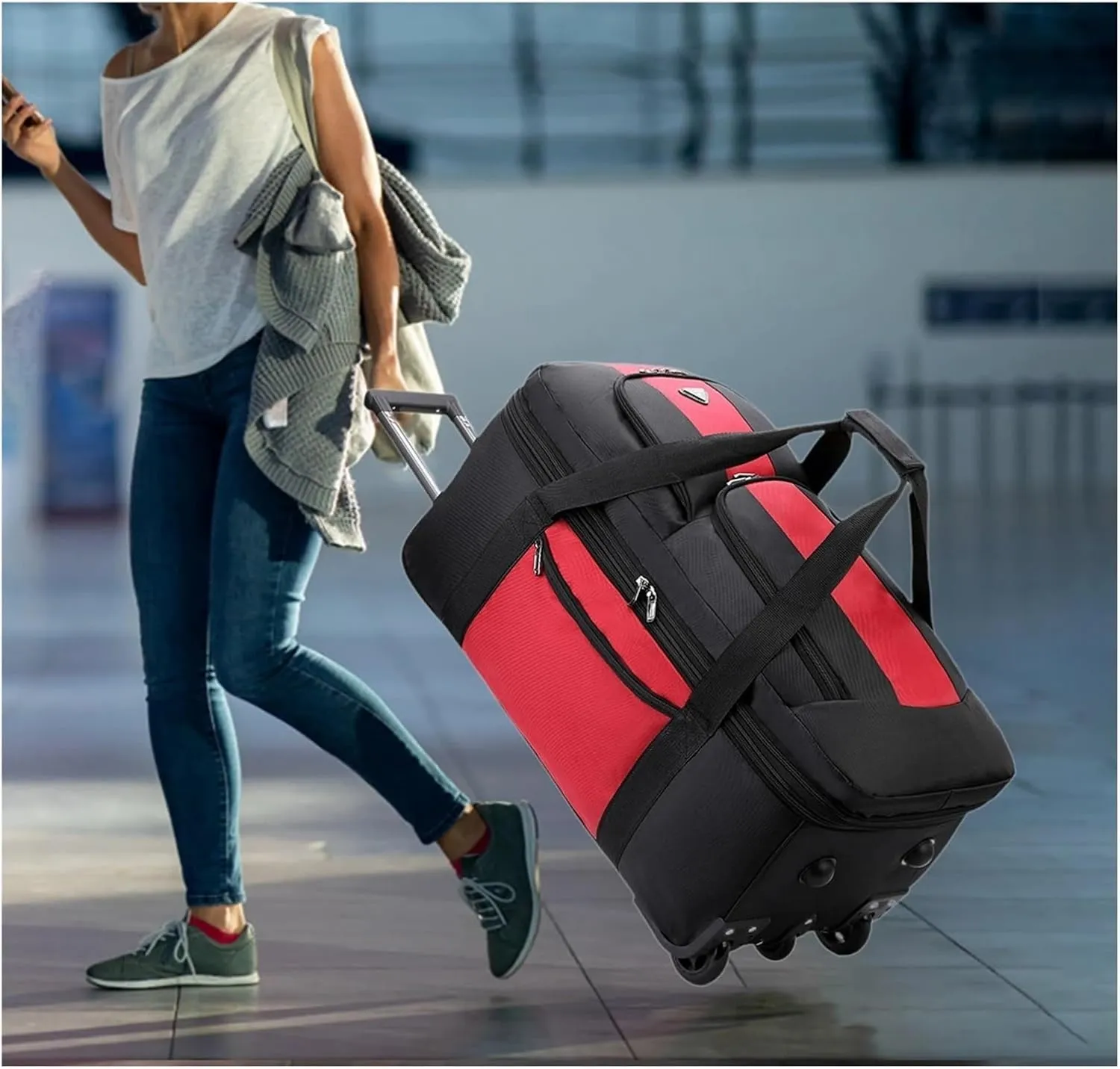 Luggage Wheeled Duffel Bag Wheeled Travel Duffel Bag Oxford Cloth Multipurpose Rolling Travel Bag Men Outdoor Traveling Picnic Carry on luggage(Red)