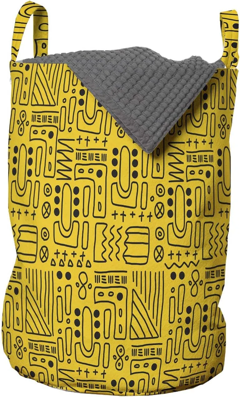 Lunarable Aztec Laundry Bag, Prehistoric Tribal Cultural Inspirations Geometric Shapes Pattern, Hamper Basket with Handles Drawstring Closure for Laundromats, 13" x 19", Yellow and Black