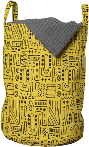 Lunarable Aztec Laundry Bag, Prehistoric Tribal Cultural Inspirations Geometric Shapes Pattern, Hamper Basket with Handles Drawstring Closure for Laundromats, 13" x 19", Yellow and Black