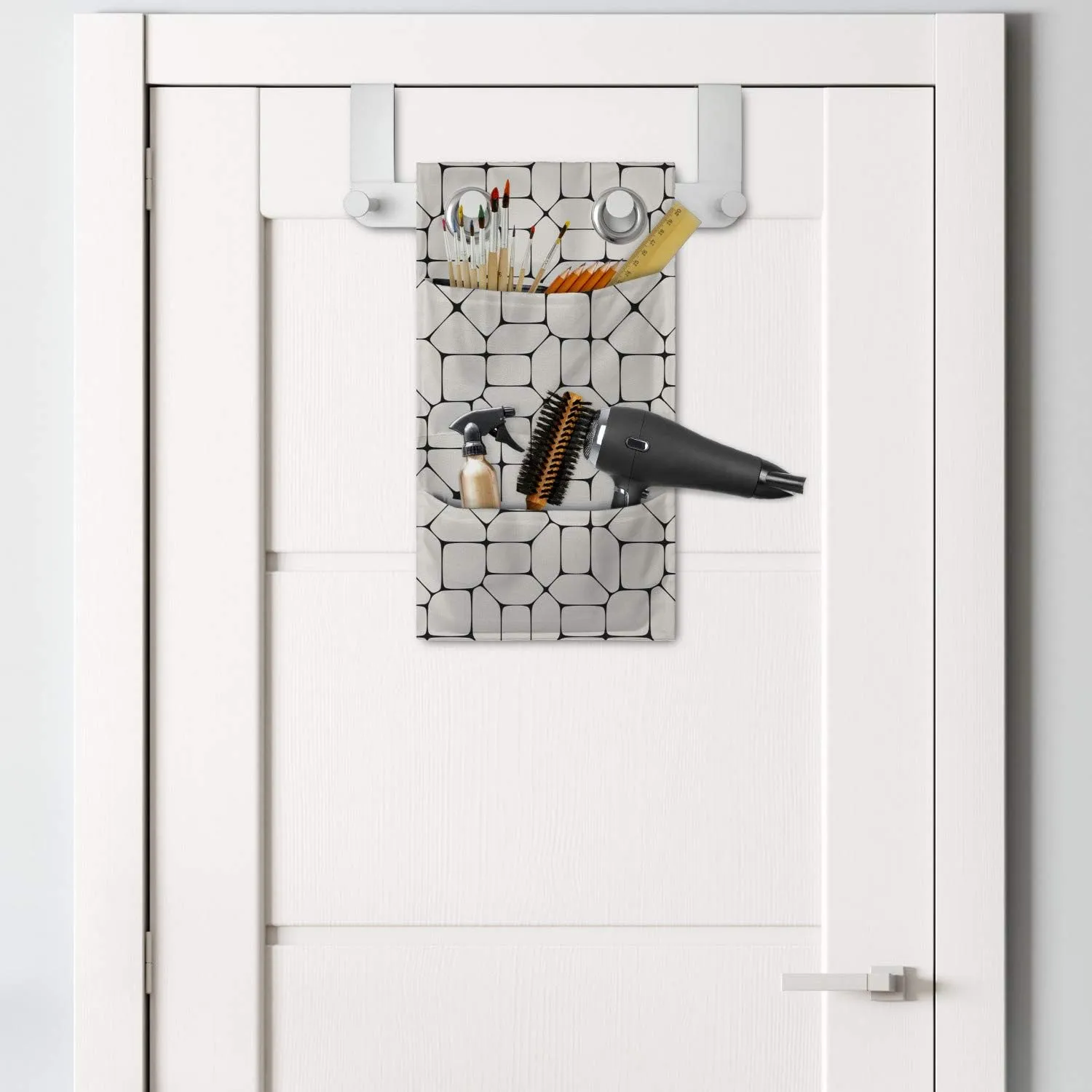 Lunarable Geometric Hanging Pocket Organizer, Black and White Mosaic Pavement Tile Bricks Modern Conceptual Tracery Design, Printed Polyester Storage Bag with Pockets, 9" x 16", Beige Black