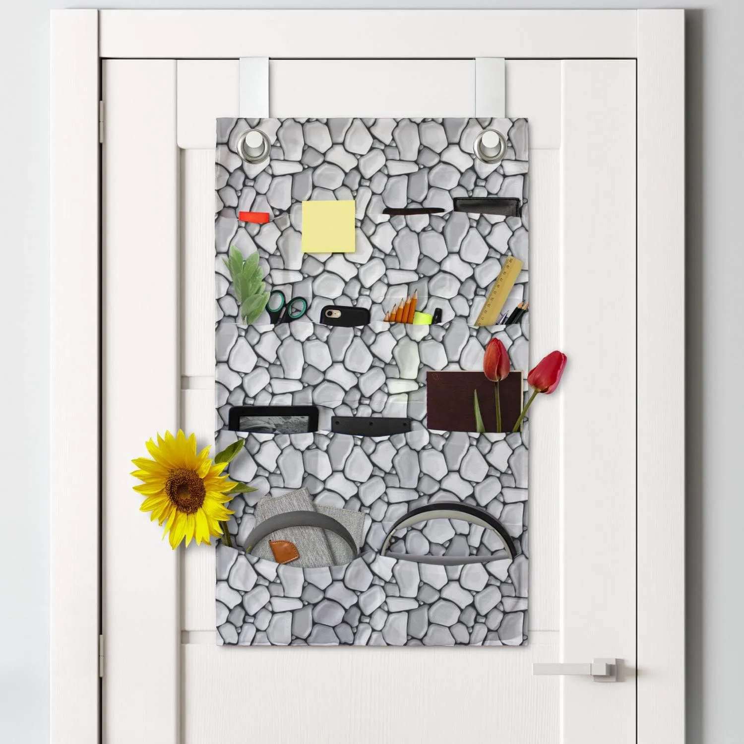 Lunarable Grey and Black Hanging Pocket Organizer, Rubble Masonry Themed Graphic Pattern Little Pebble Stones Pavement, Printed Polyester Storage Bag with Pockets, 21" x 31", Pale Grey Black